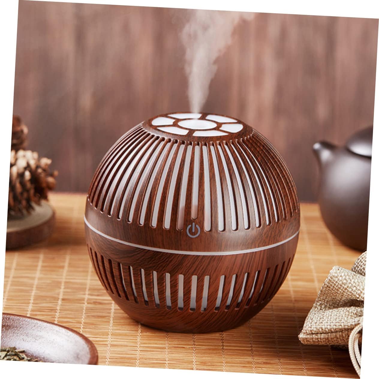 mobigon Wood Cool Mist Ultrasonic Humidifier for Room Moisture, Aroma Diffuser for Home, 200ml Essential Oil Diffuser with 7 Colorful Night Light, Auto Shut-Off, Home, Office, Car (Dark Brown)