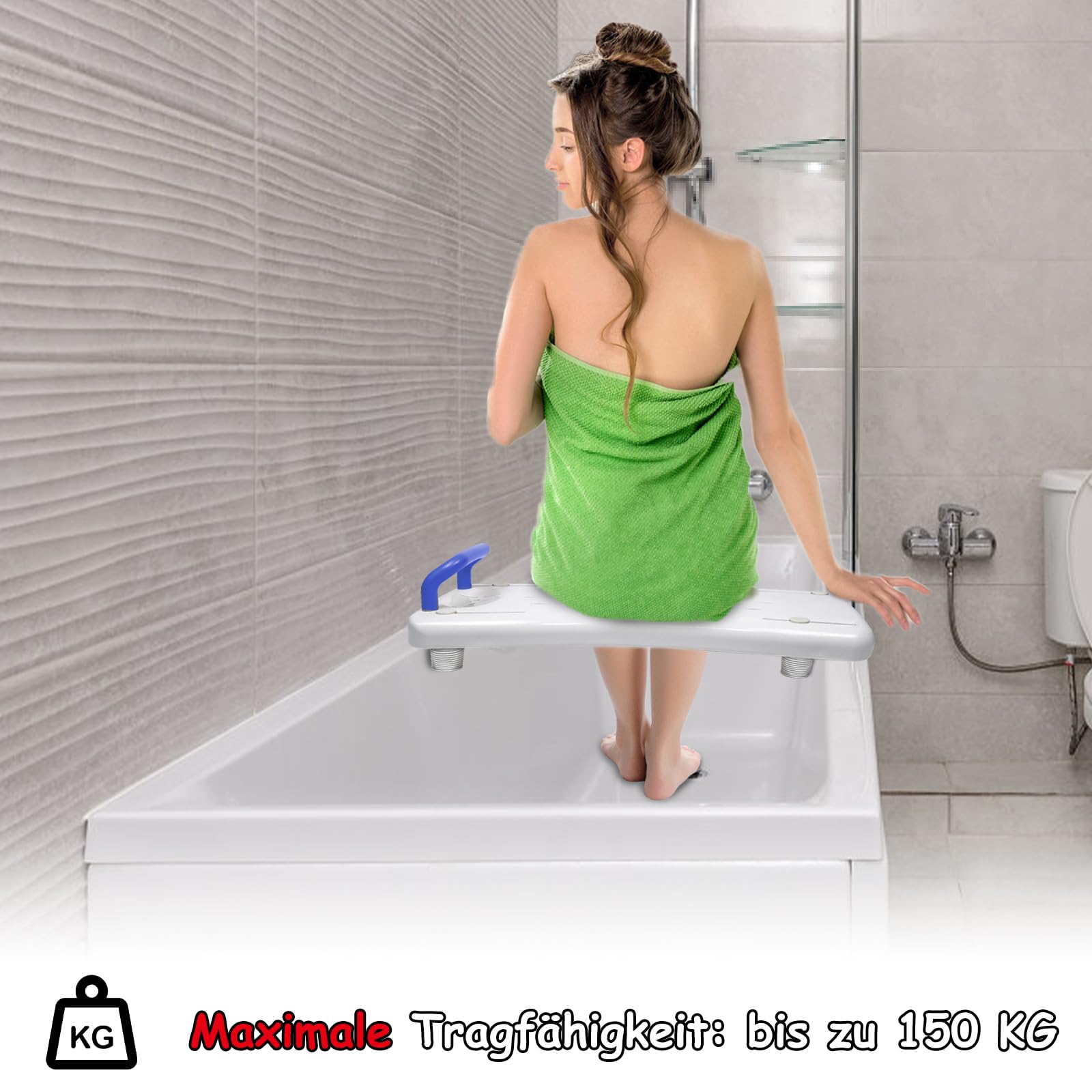 NAIZY - Sedile per vasca da bagno, 70x31 cm, per anziani e adulti, 41-63 cm regolabili, sedile per vasca in PP, MAX. 150 kg, colore: Blu con maniglia