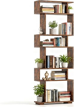POWERSTONE 6-Tier S Shaped Bookshelf, Geometric Bookcase with 2 Anti-Tipping Kits, Wooden Storage Shelving Unit, Freestanding Display Shelf for Living Room, Office, Bedroom Rustic Brown