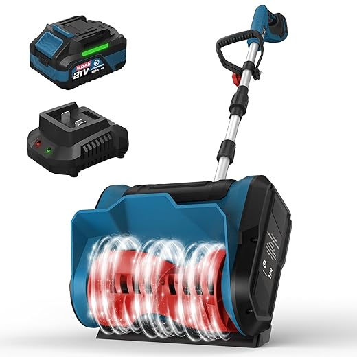 Cordless Electric Snow Shovel Rake, 21V 12-Inch Brushless Battery Snow Blower with 4.0Ah & Fast Charger, 20FT Throw Distance, Compact Design, Adjustable Front Handle, for Driveway/Sidewalk – Blue