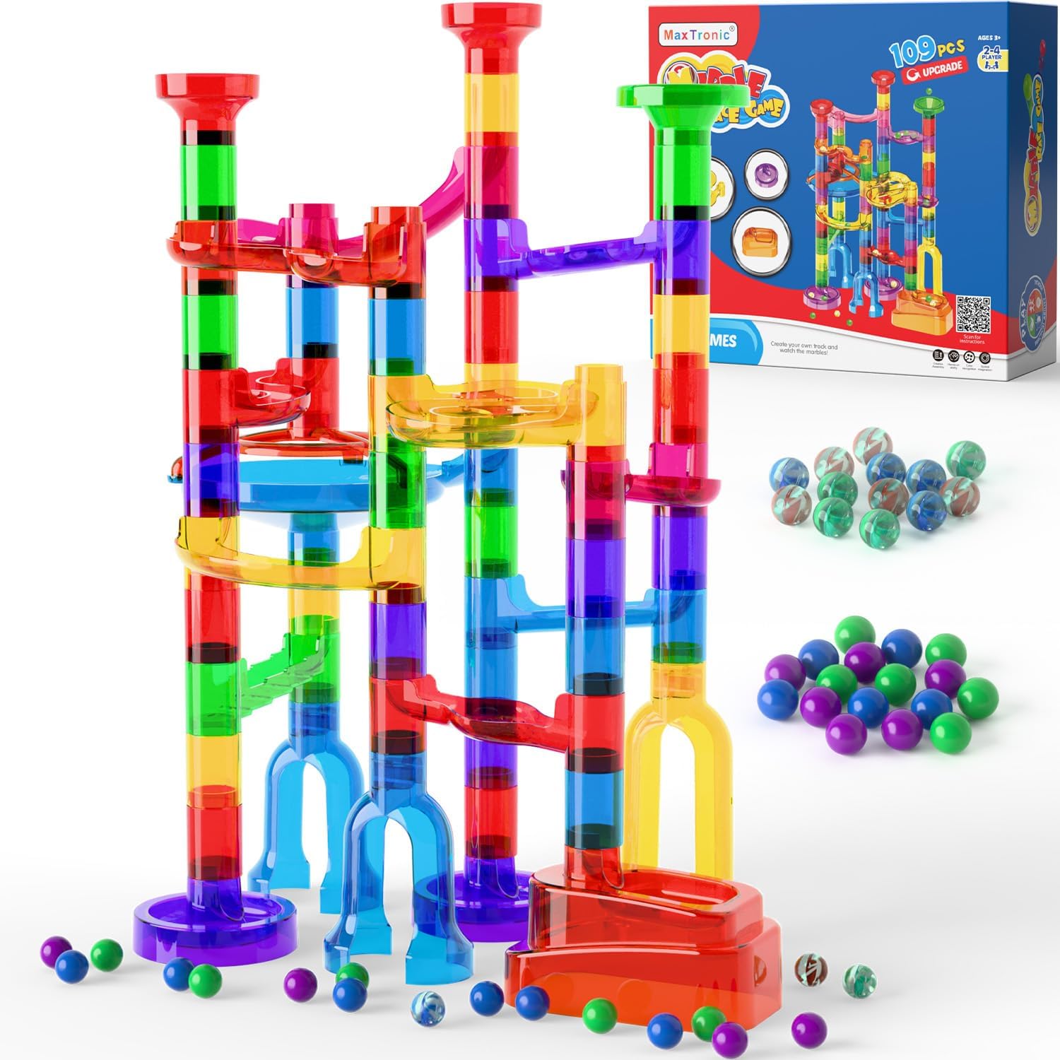 Marble Run Kit for Kids,Upgrade Marble Maze Kit 16mm Marbles 109pcs Building Blocks STEM Learning Toys Christmas Birthday Gift for Kids Aged 3-12 109pcs-transparent set