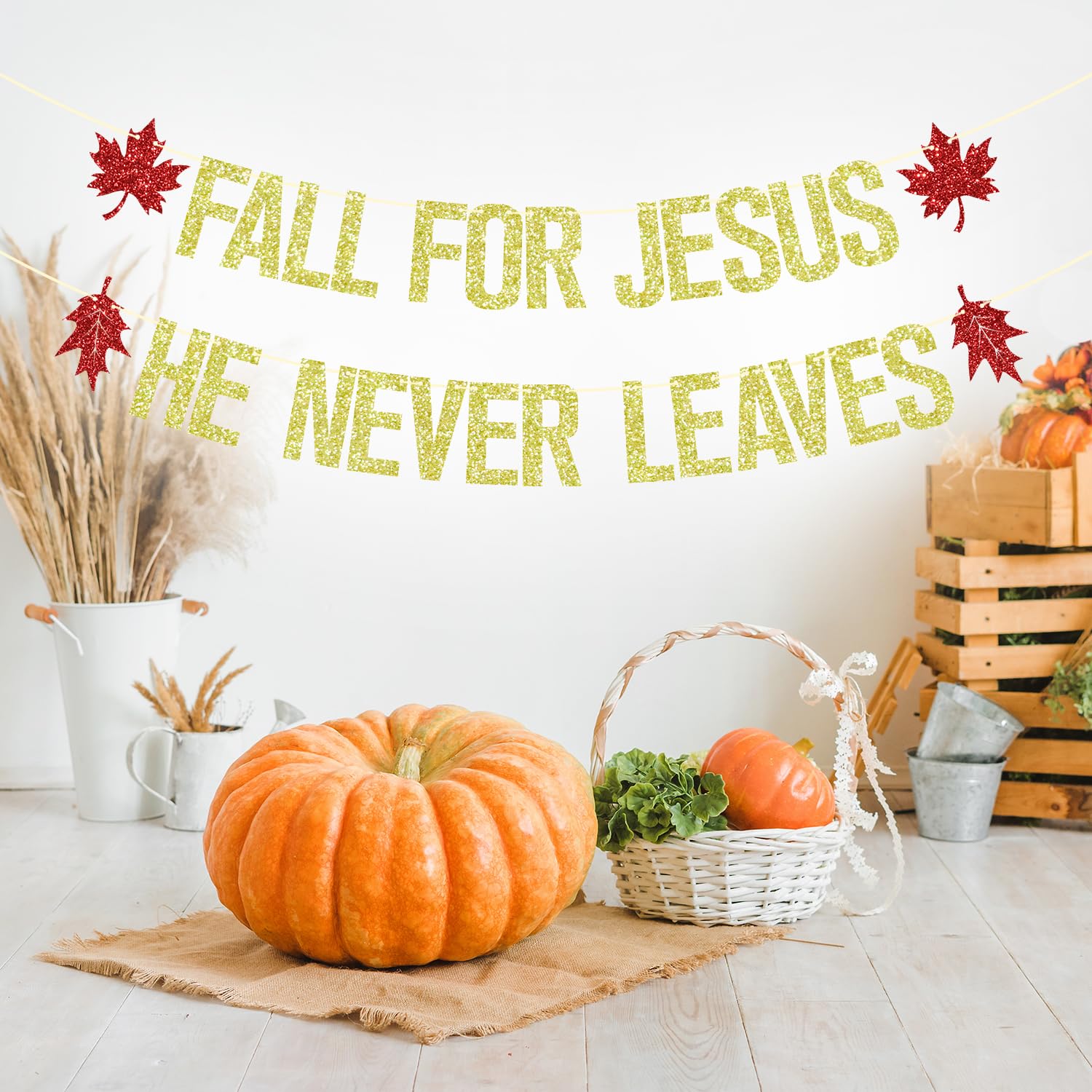 Banner 'Fall For Jesus, He Never Leaves' - Herbst-Deko Mit Ahornblatt & Kürbis