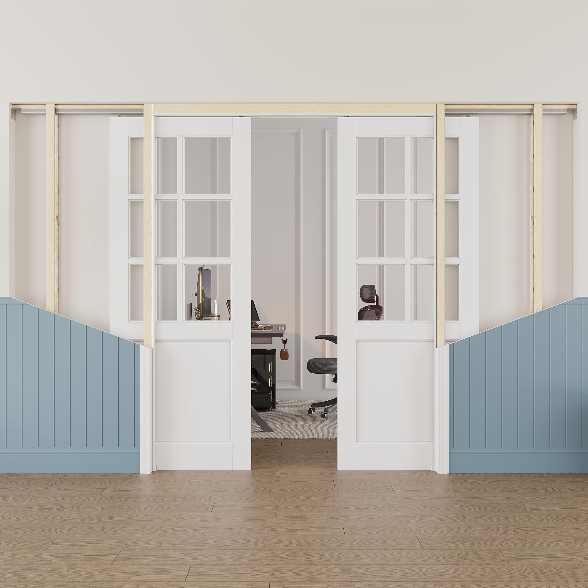 60x80 Sliding Double Pocket Door,Glass Doors,Hidden Doors,6 Lite Clear