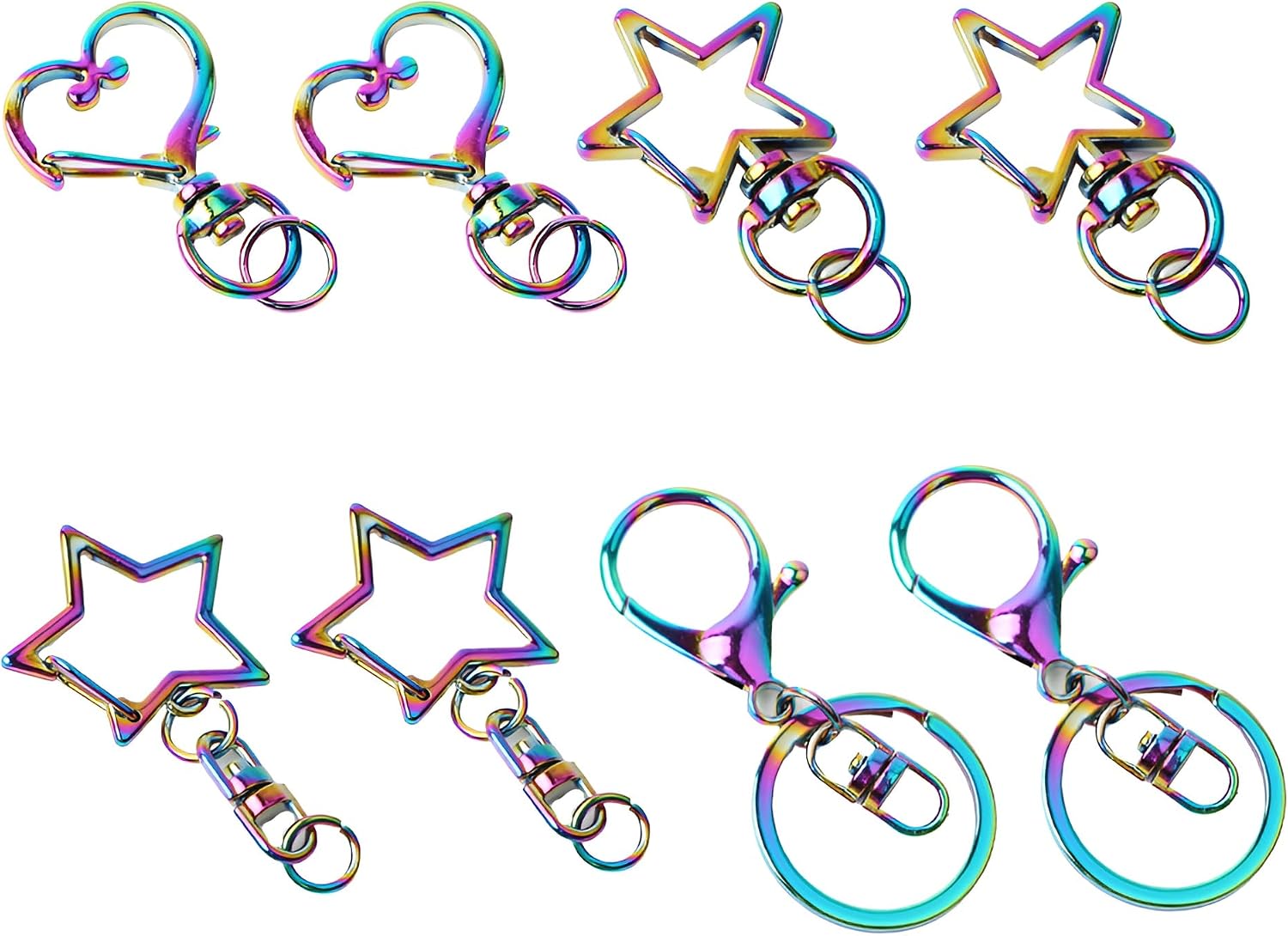 Ximimark 8pcs Iridescent Pentagram Keychain With Connector Extension Chain Key Hook Chain Jewelry Rainbow Split Ring Lobster Clasp