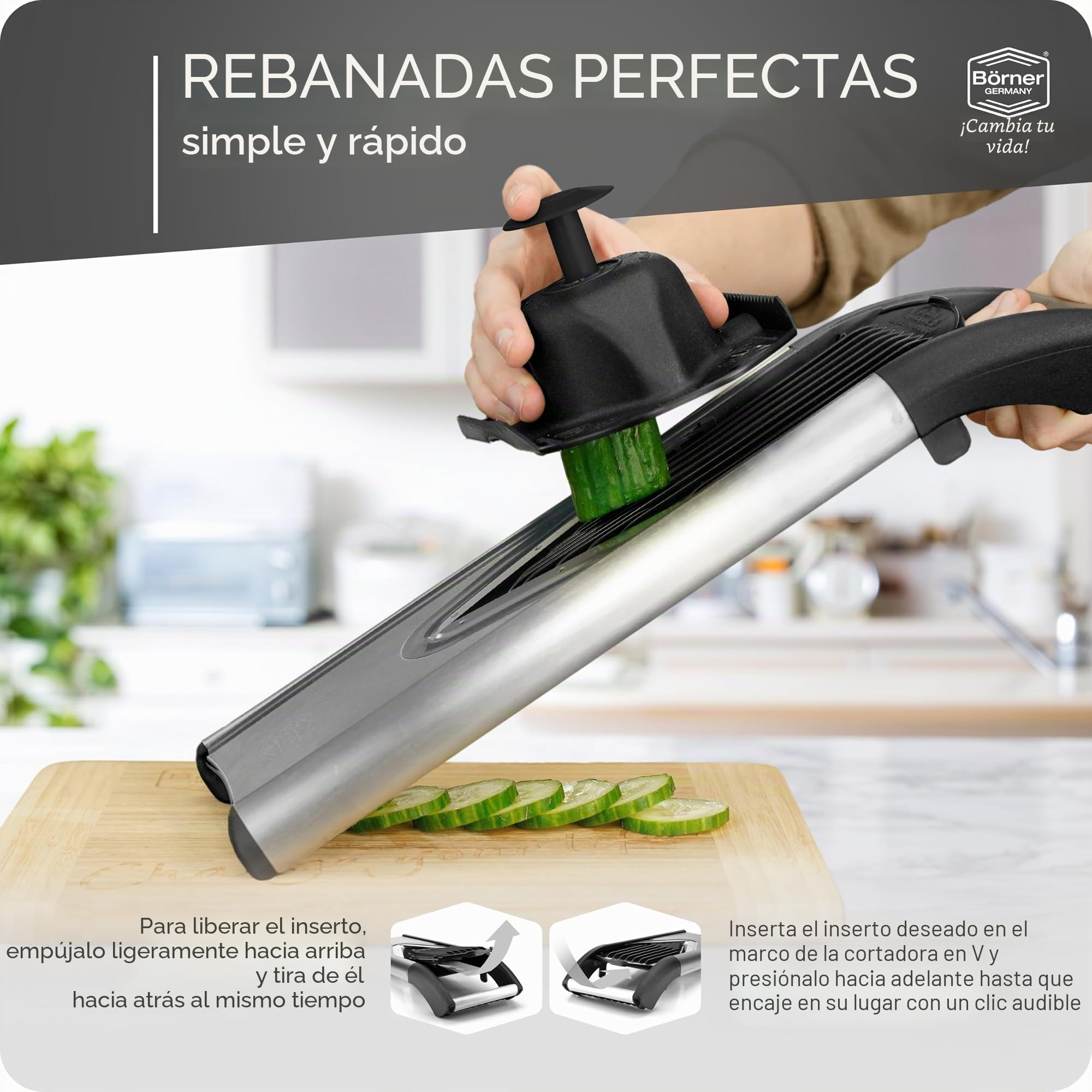 Börner Cortador de Verduras V6 (Set Profesional) • Mandolina Ajustable de Acero Inoxidable con Cuchilla en forma V • Para cortar Rodajas, Tiras Juliana, Cubos en Varios Tamaños • Set Completo