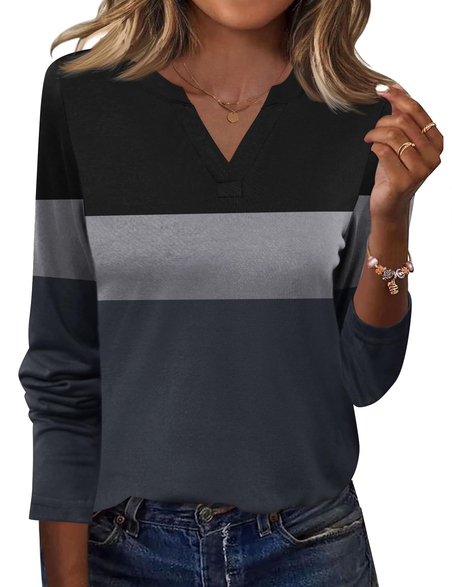 EFFAN Schwarze Tops für Damen, Elegante, lässige Langarm-Top