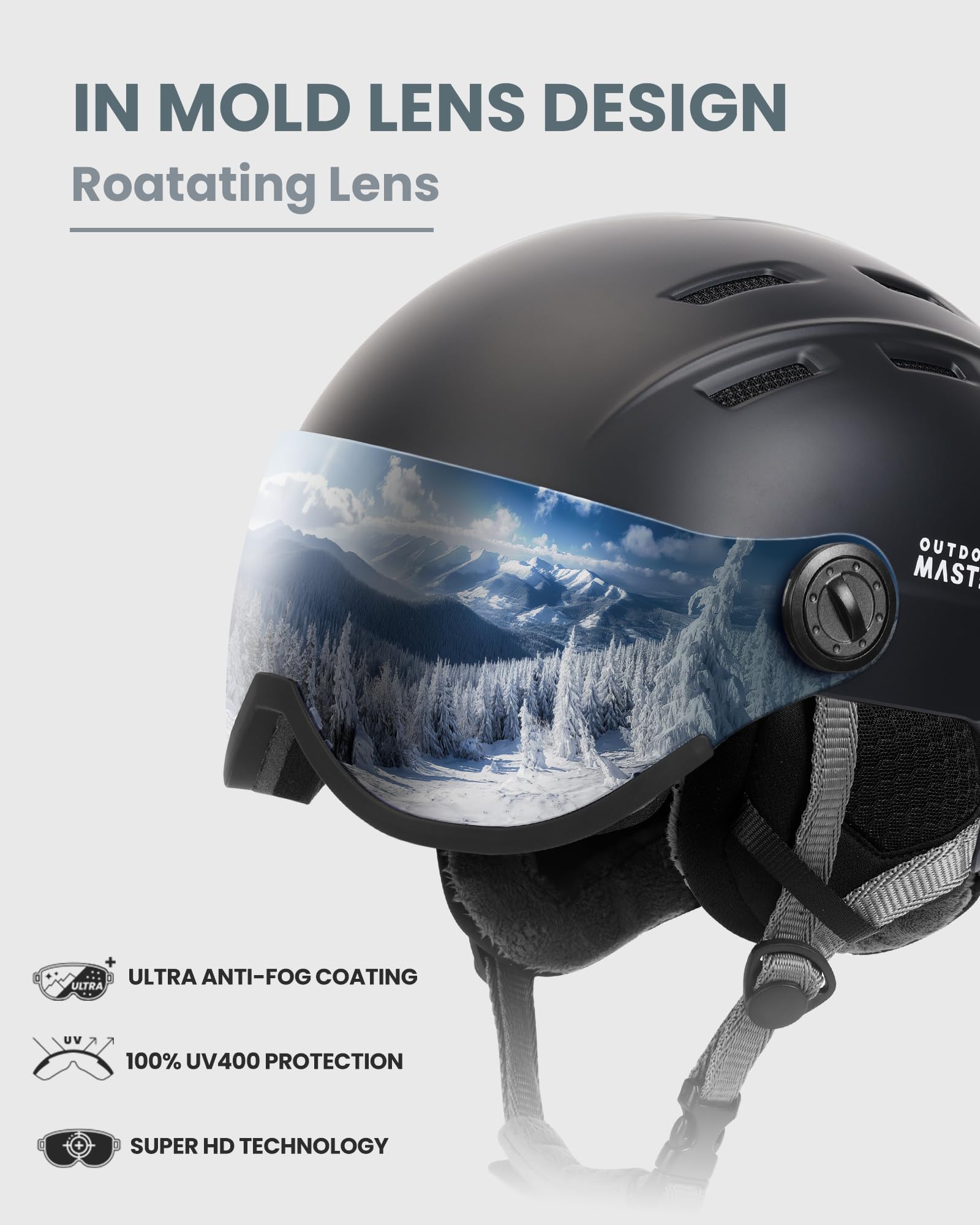 OutdoorMaster Snowboardhelm mit Skibrille, 2-in-1-Visier, abnehmbare Brille, EPS-Schaum, 14 Kühlöffnungen, Schnee-Helm für Herren, Damen, Jugendliche