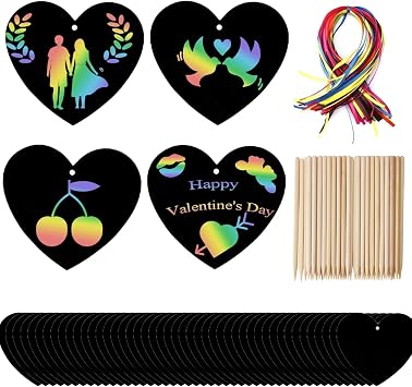 Naturahand 50 Rainbow Scratch Paper with 10 Wooden Scratch Sticks and 50 Red String, Heart Shaped Scratch Off Cards for Mothers Day Valentine DIY Decorations and Art Party FavorsH-1
