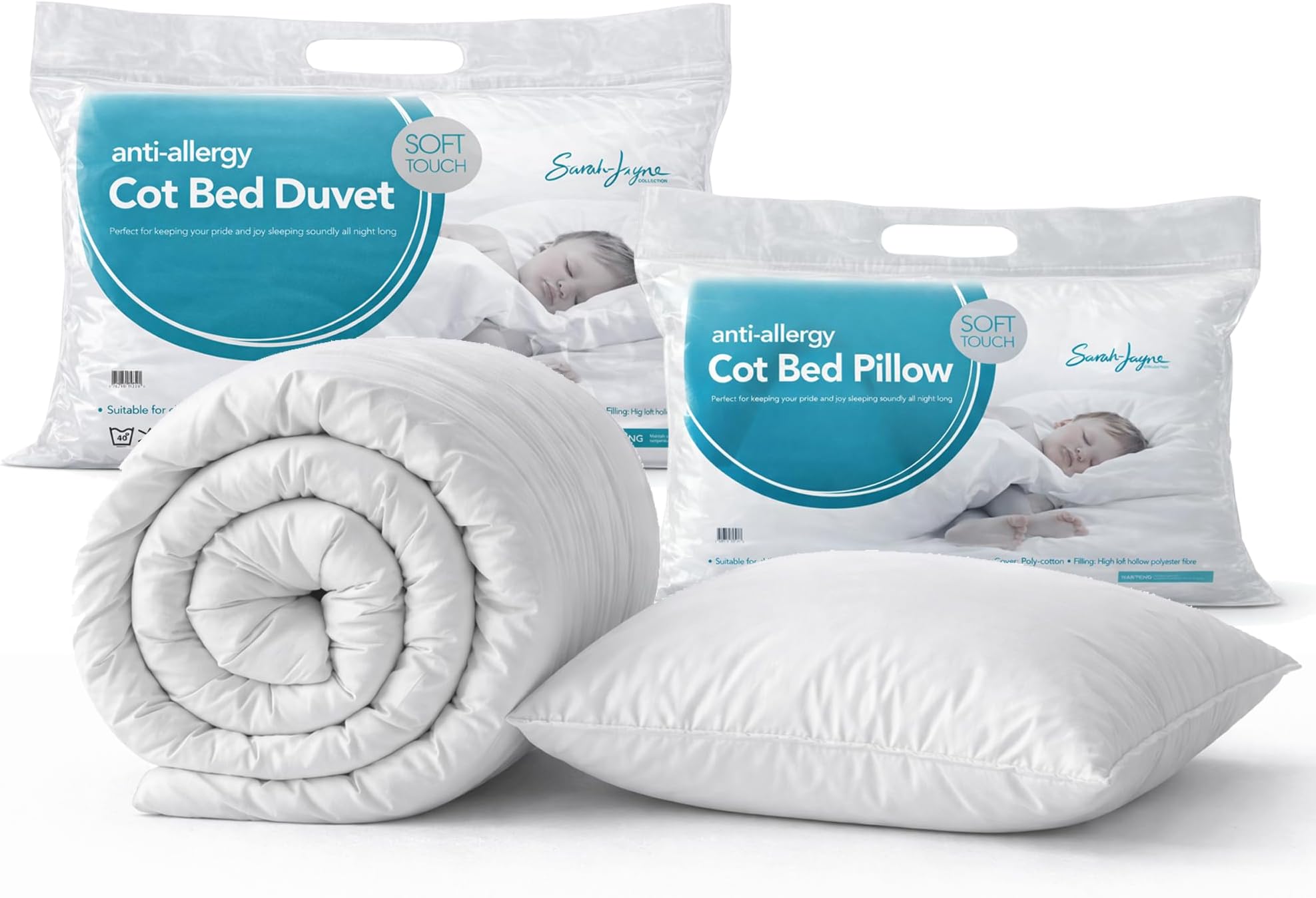 Sarah Jayne Breathable Cot Bed Duvet & Pillow Set for Babies & Toddlers – Lightweight Microfiber Baby Quilt with Hollowfibre Filling, 4.5 Tog Options, Non Allergenic, Made in UK