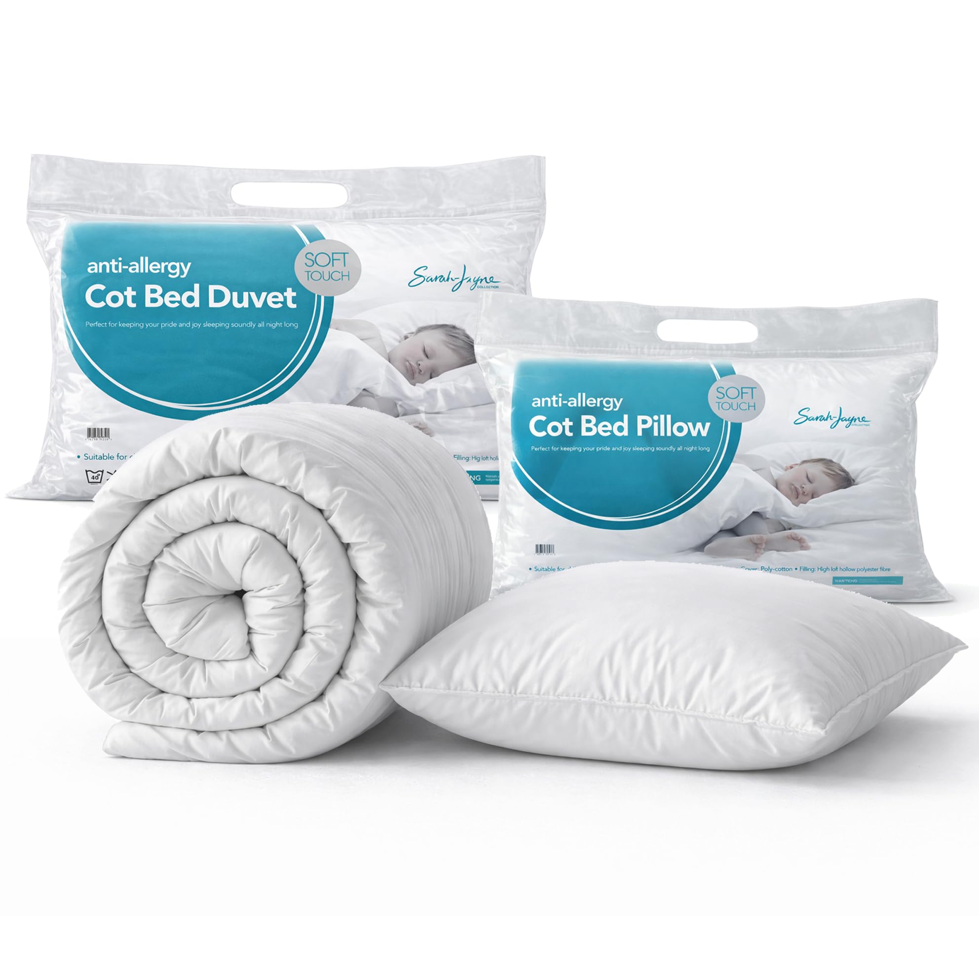 Sarah Jayne Breathable Cot Bed Duvet & Pillow Set for Babies & Toddlers – Lightweight Microfiber Baby Quilt with Hollowfibre Filling, 4.5 Tog Options, Non Allergenic, Made in UK
