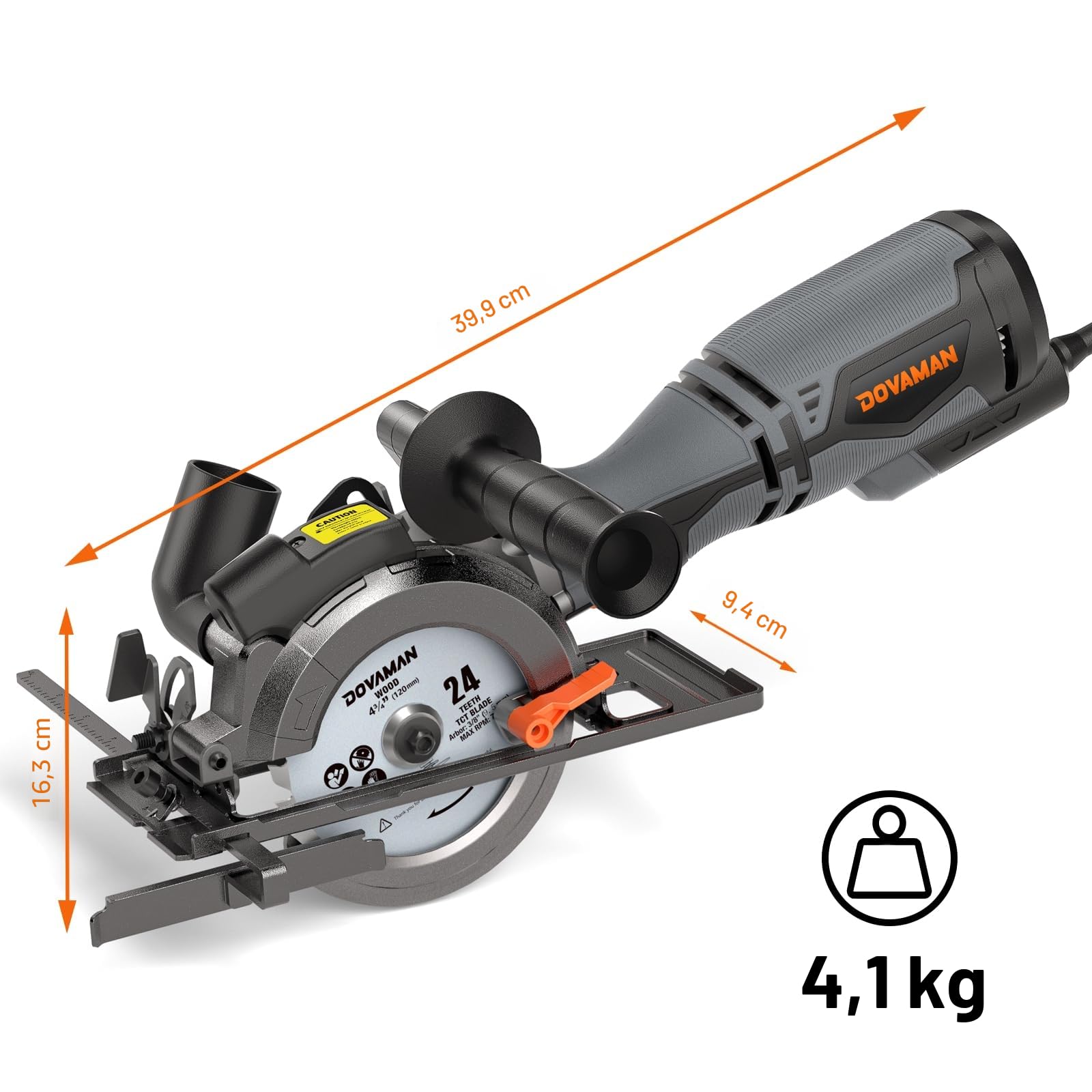 DOVAMAN Mini Sierra Circular con Láser, 710W, 3500rpm, Mango Auxiliar, 45° Corte en Bisel, Profundidad de Corte 29 a 43mm, 6 Hojas, para Madera, Metal Blando, Plástico, Azulejos-MCS01A