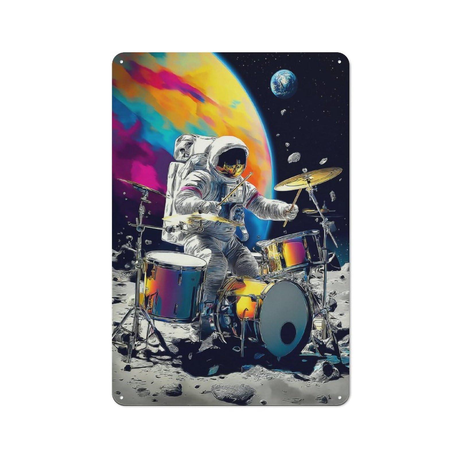 Junmoney Astronaut Drummer In Space Cottage Style Metal Wall Decor 30X20cm, Farmhouse Metal Sign For Kitchen, Cottage, Porch Or Garden Room