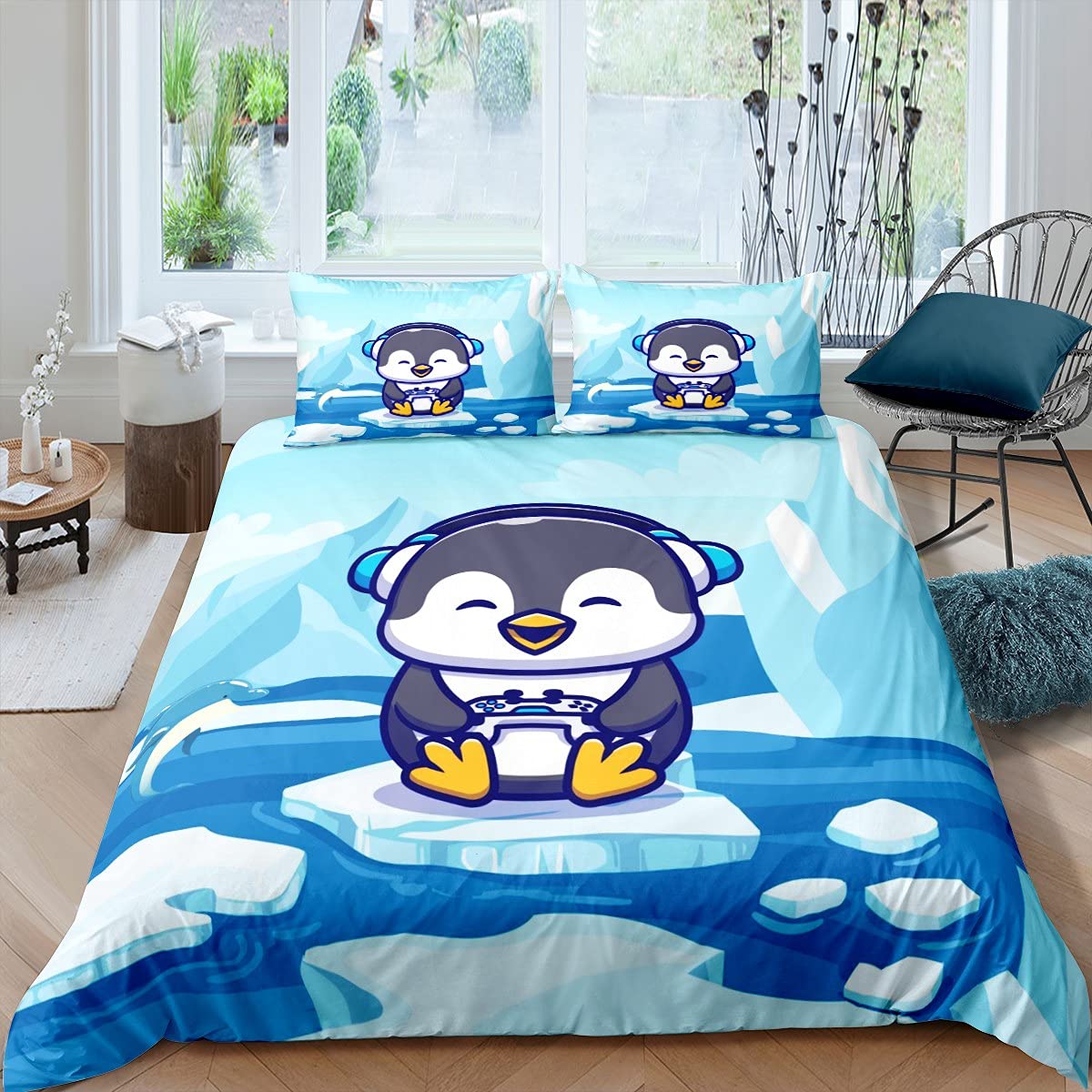 Homemissing Karikatur Pinguin Bettwäsche Set 135x200cm Süße Baby Pinguine Spiele Bettbezug Set Für Mädchen Jungen Kinder Spieler Gamepad Betten Set Lustige Tier Drucken SchlafRaumdekoration