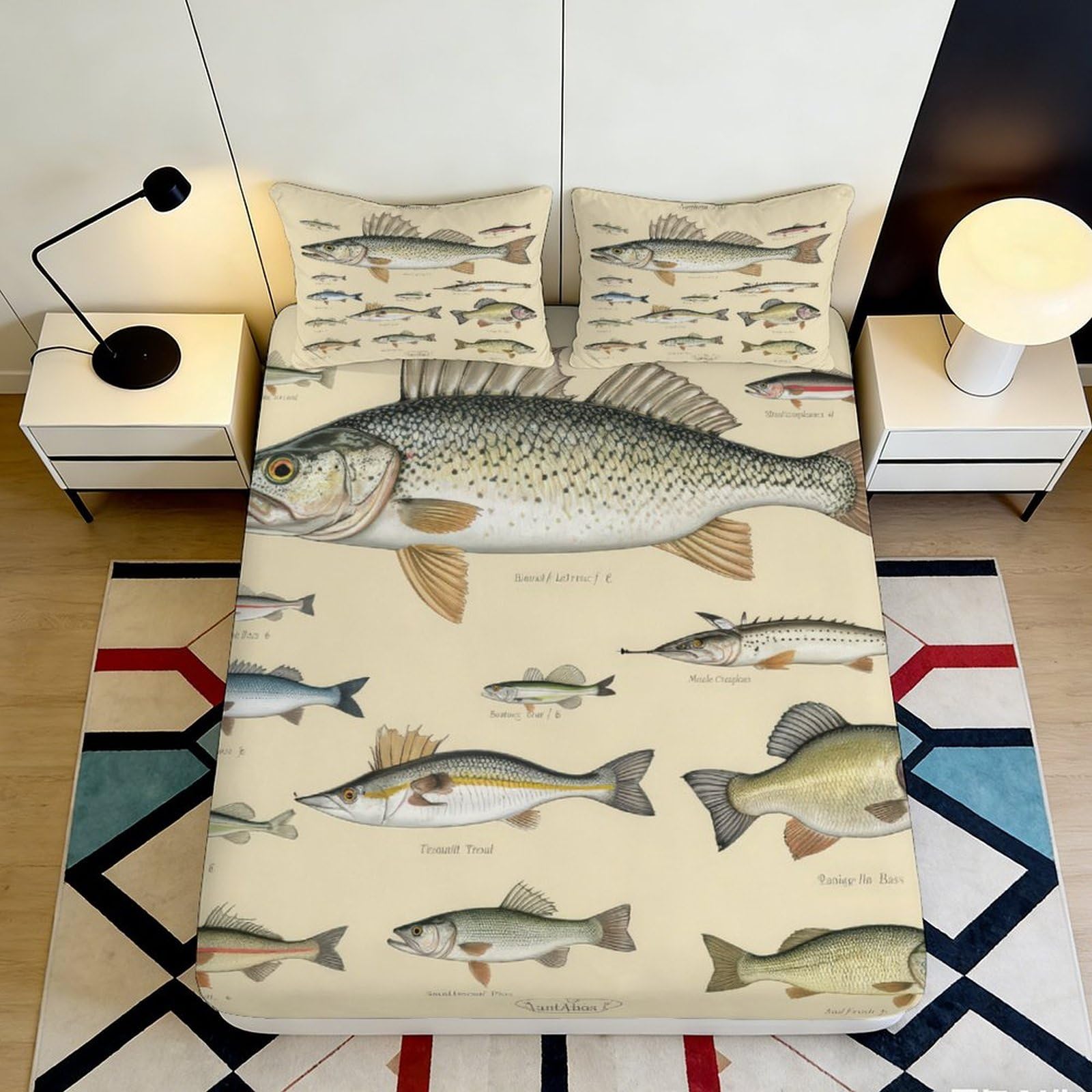 3D Printed Vintage Fish Illustration Fitted Sheet Microfiber Soft Breathable Aquatic Species Bed Cover for Bedroom Guest Room Decor 200x200x25cm