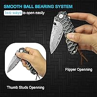 Vista 9 de AUBEY Cuchillo de bolsillo de Damasco para hombre, cuchillo plegable de acero de Damasco VG10 forjado de 2.95 pulgadas con funda, hoja de gota