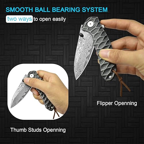 Miniatura 9 de AUBEY Cuchillo de bolsillo de Damasco para hombre, cuchillo plegable de acero de Damasco VG10 forjado de 2.95 pulgadas con funda, hoja de gota de