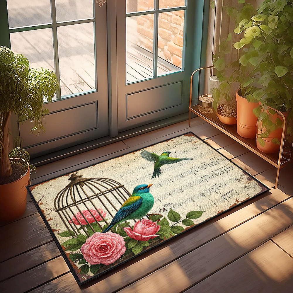 Tapis de porche motifs oiseaux et roses, paillasson Home Sweet Home
