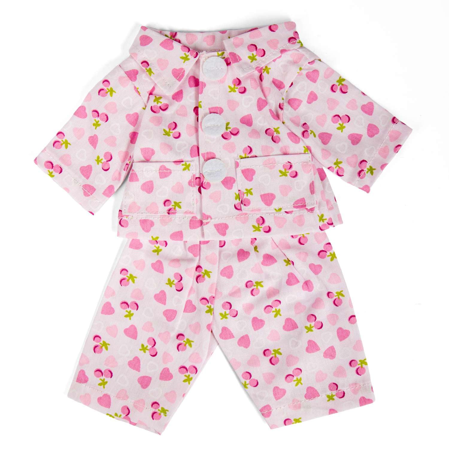 Bigjigs Toys Day Pyjamas (Medium) | Dolls 2 Piece Pink Cherry & Heart Pattern PJ Set | Soft Doll Clothes & Accessories | Plush Dolly Clothing for Girls & Boys | Kids Toys & Gifts for 2+ Year Olds