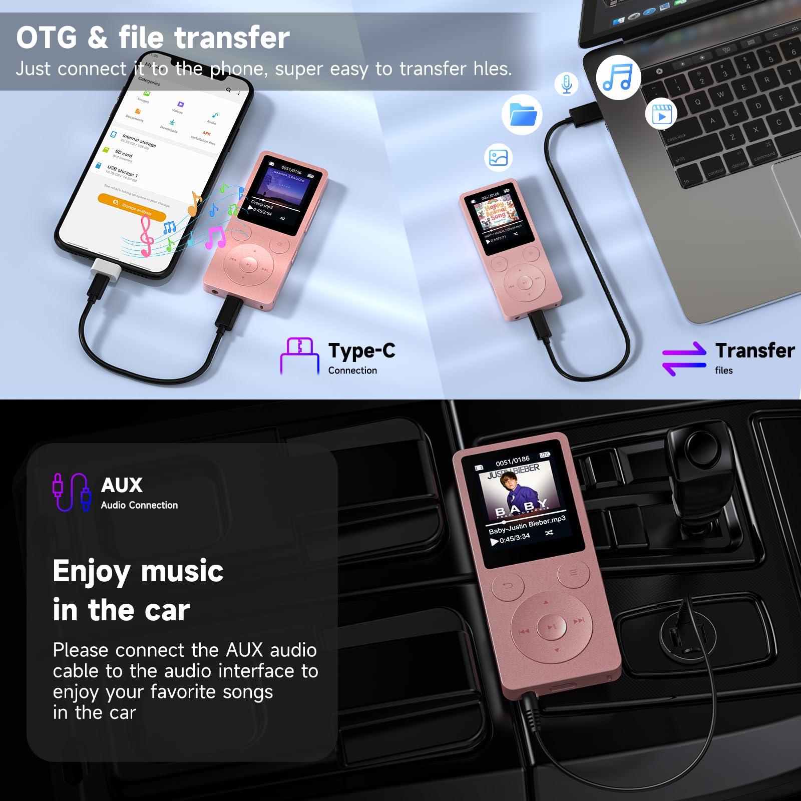 32GB Lettore MP3 Bluetooth 5.3 & Altoparlante – Aggiornamento con Tasti Fisici (Indietro, Menu, Volume), Solo 37g con Cuffie, Radio FM, Registratore Vocale, Design Mini, Espandibile fino a 128GB