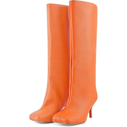 Women's Knee High Suede Boots for Women Wide Calf Square Toe Stiletto Heels Tall Boots Pull On High Heel Long Booties