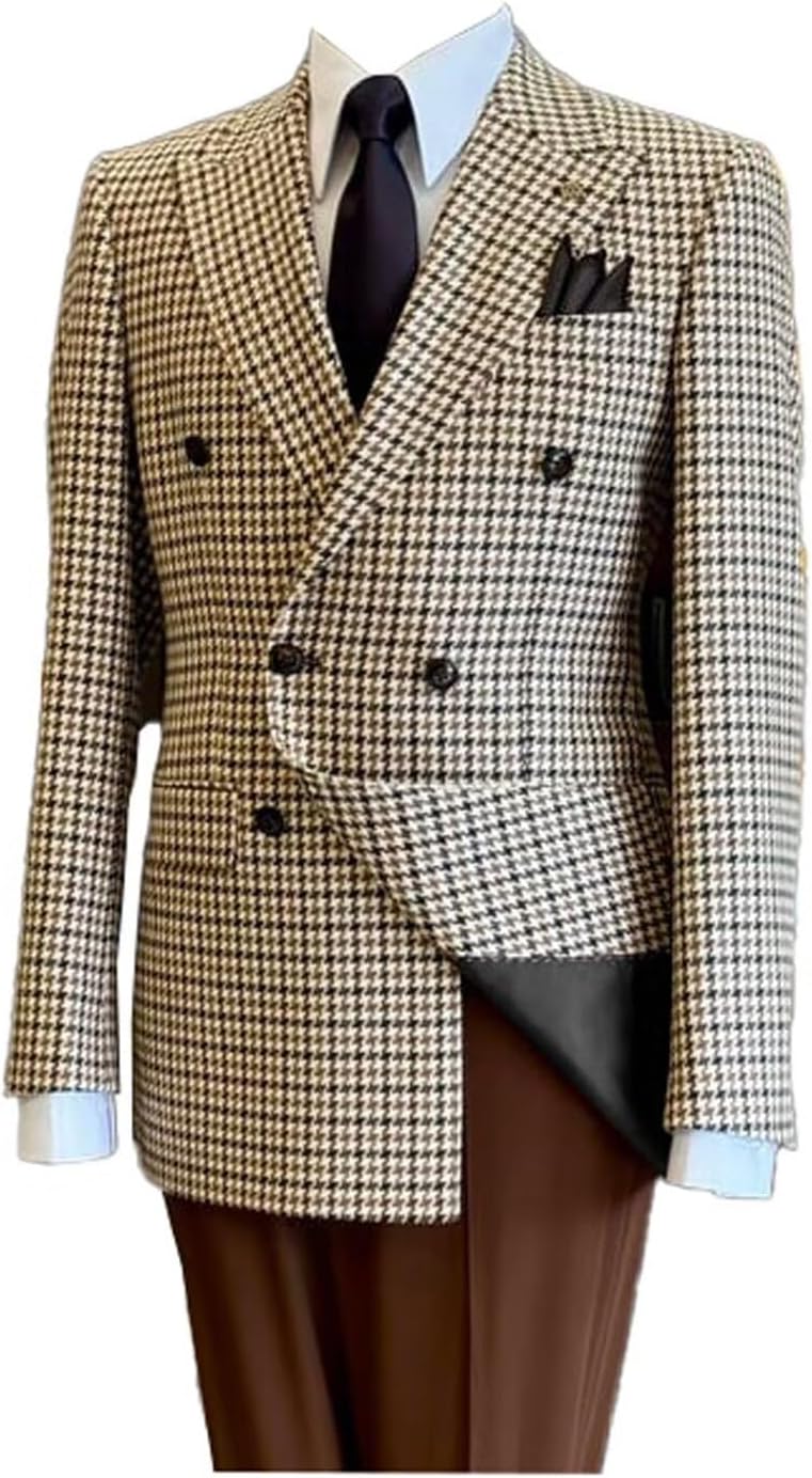 Plaid Men Suit Jacket Formal Double Breasted Blazer for Men Business Regular Fit Peak Lapel Mens Blazer