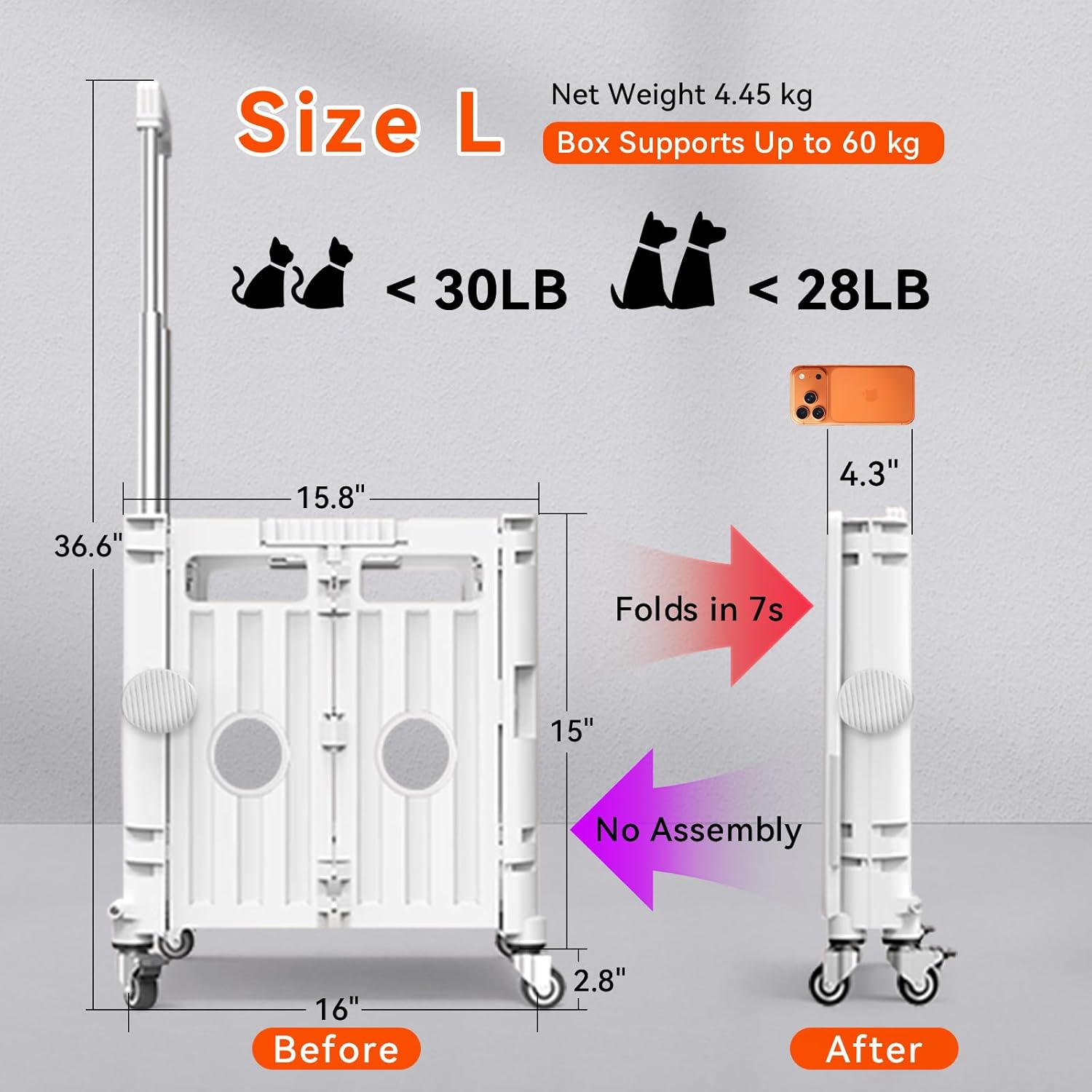 Collapsible Hard-Shell Pet Carrier for Cats Small Dogs, Airline Approved Foldable Portable Travel Crate with Wheels for Kittens Puppies (Pale Gray,L)