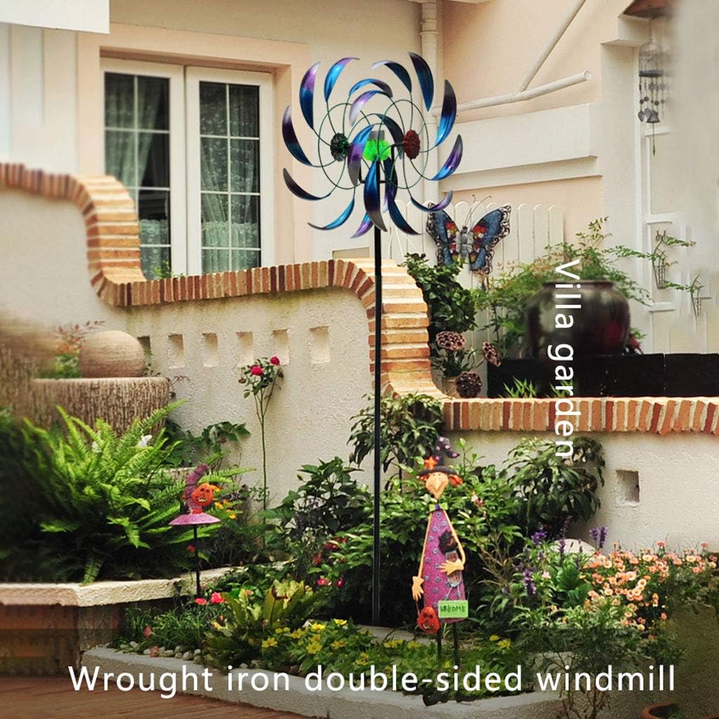 Outdoor Garden Wrought Iron Solar Double Sided Windmill with Solar Decorative Lights Colourful Wind Leaves Multicoloured LED Lighting Windmill for Patio Lawn Garden