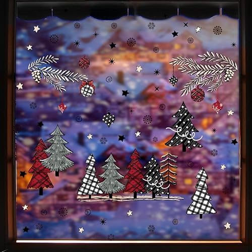 Miniatura 4 de Adhesivos para ventana de árbol de Navidad, diseño de búfalo de Navidad, a cuadros, de doble cara, copos de nieve de Navidad, bolas de luz,