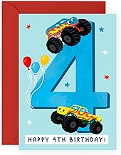 4th Birthday Card for Boys – Monster Truck Design – Fun and Colourful Card Gifts for Kids, Son, Nephew, Grandson, Children, Little Ones from Mum, Dad, Family– Turning 4 Years Old- Comes with Stickers