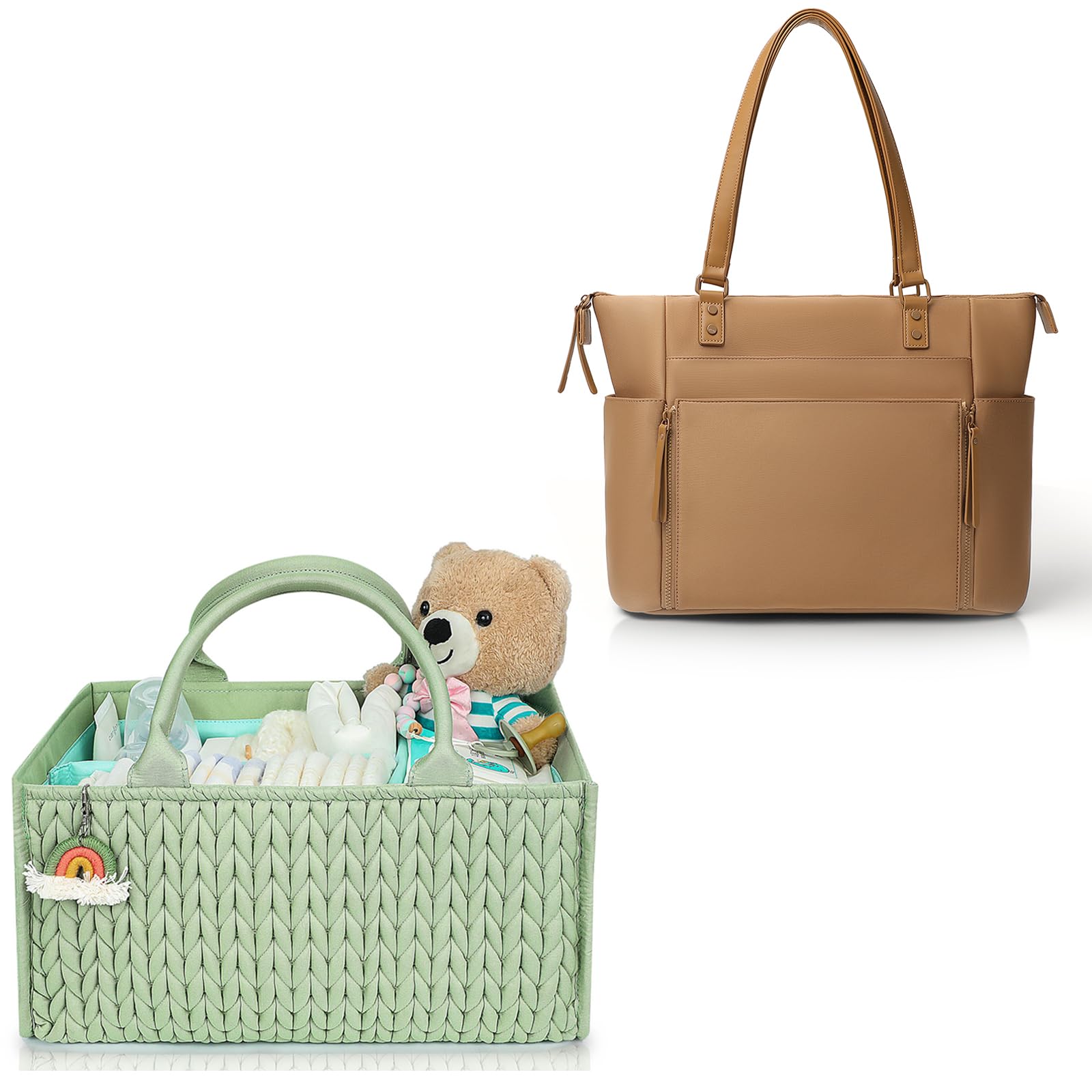 MOMINSIDE Neoprene Diaper Bag Tote, Diaper Bag Backpack with 14 Pockets&Green Diaper Caddy Organizer