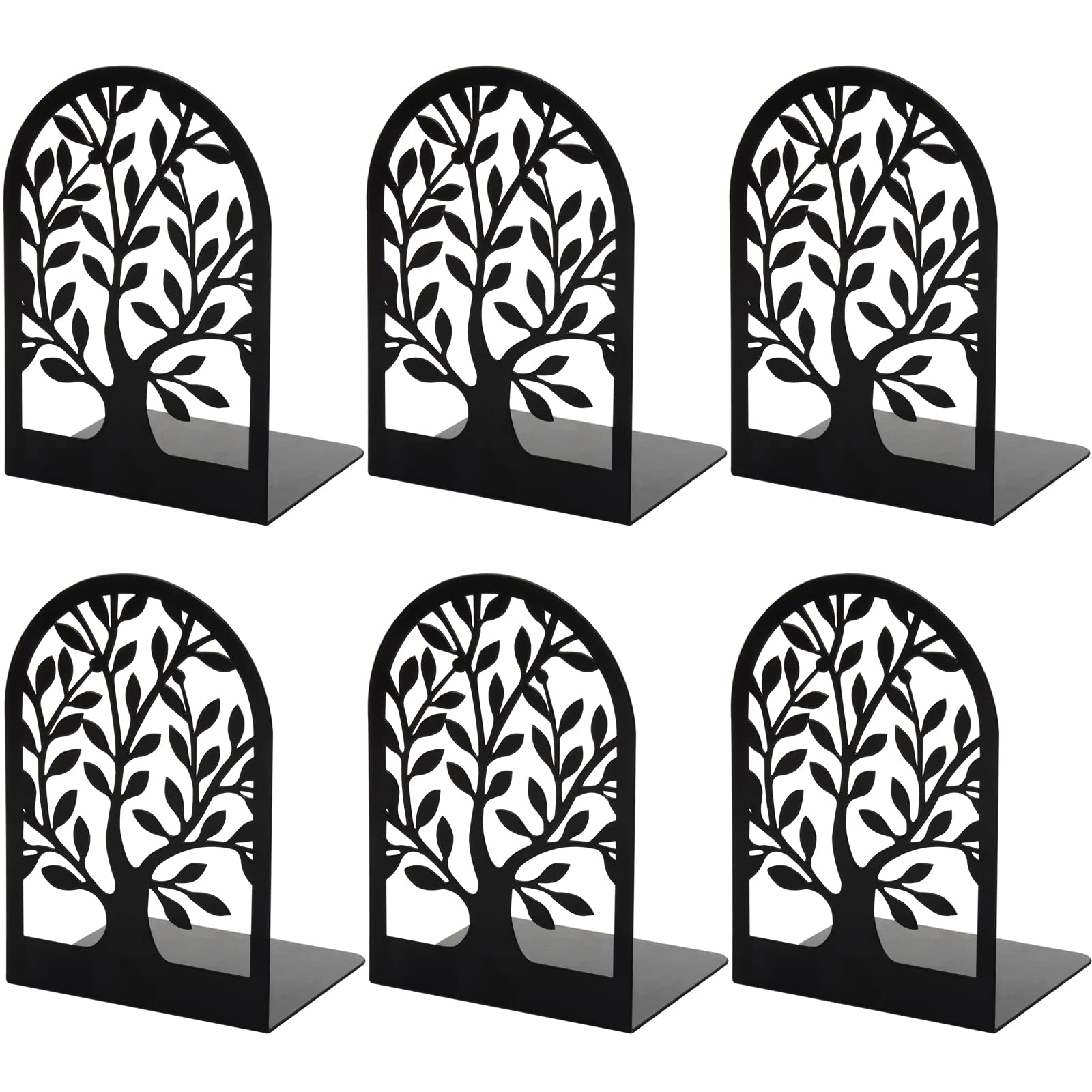 UmikkBook Ends, Bookends for Shelves, Tree Book End to Hold Books, Metal Bookend Stopper, Non-Skid Book Holder, Black Book Supports for Office Home Kitchen, Modern Decorative Bookends(3 Pair/6 Pcs)