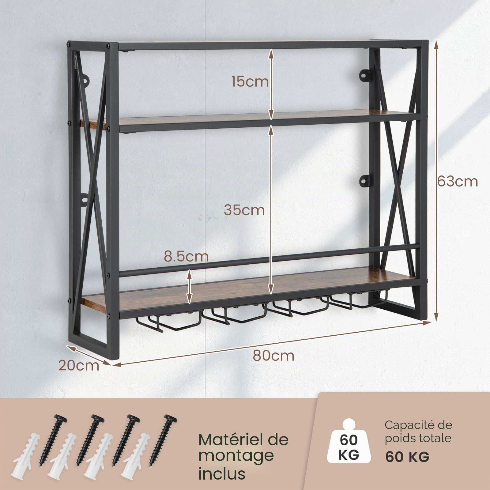 GIANTEX Étagère mural à vin à 3 niveaux avec support en verre - Étagère en bois et métal - Industrielle flottante pour cuisine, maison - 80 x 20 x 63 cm