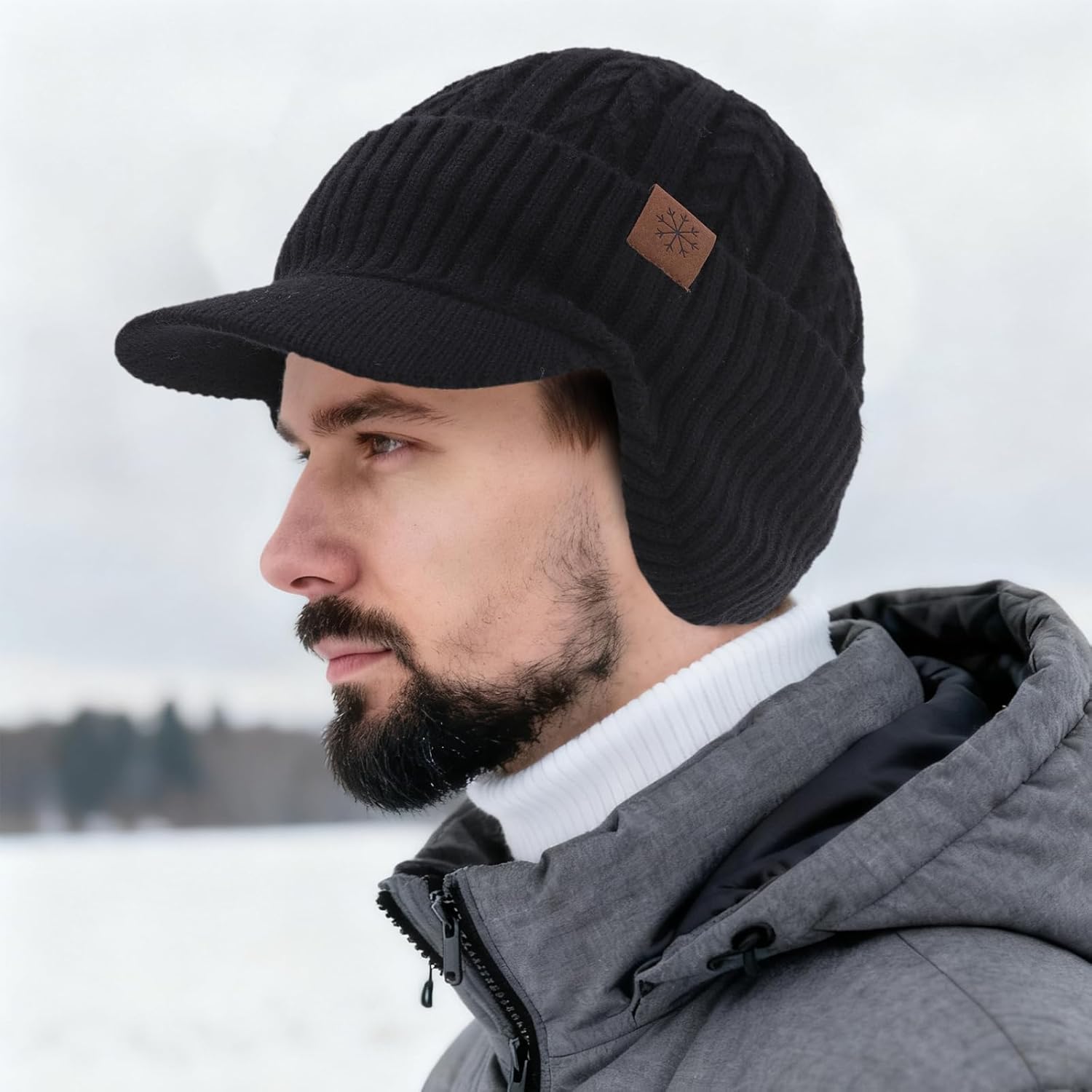 Freie Liebe Winter Beanie Hat for Men Fleece Line Beanie with Earflap Knit Warm Cap with Brim - Image 6