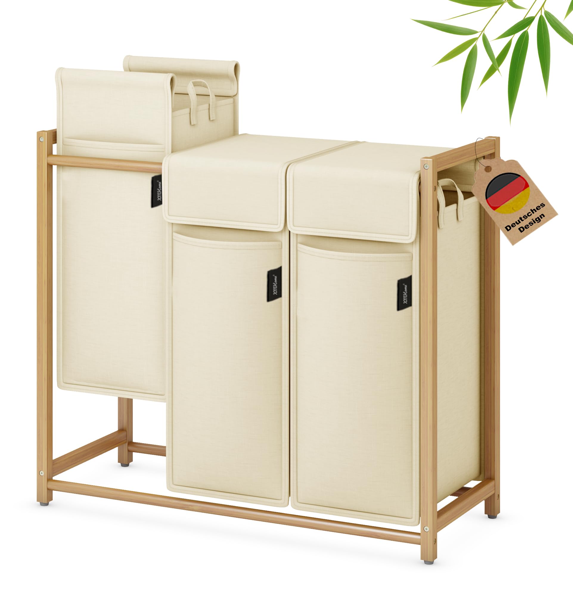 Wäschekorb 148L mit 3x49L Fächern Bambus Wäschesammler mit Deckel | Wäschesortierer mit herausnehmbaren Taschen, rechteckige Wäschebox für Schlafzimmer, Bad & Waschküche Beige