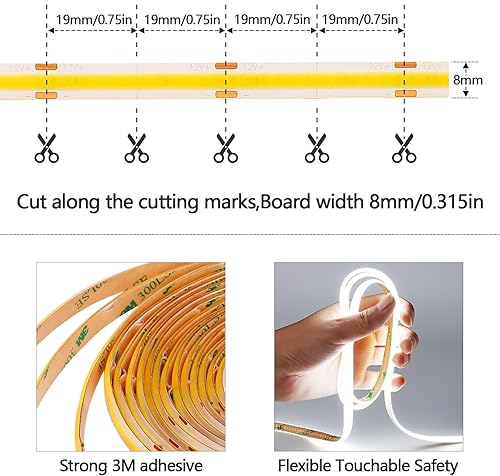 Miniatura 9 de Tira de luz LED COB DC de 12 V, blanco cálido, 3000 K, IP65, impermeable, 16.4 pies (16.4 ft), 1560 LEDs CRI 93+, brillo uniforme, cinta de luces