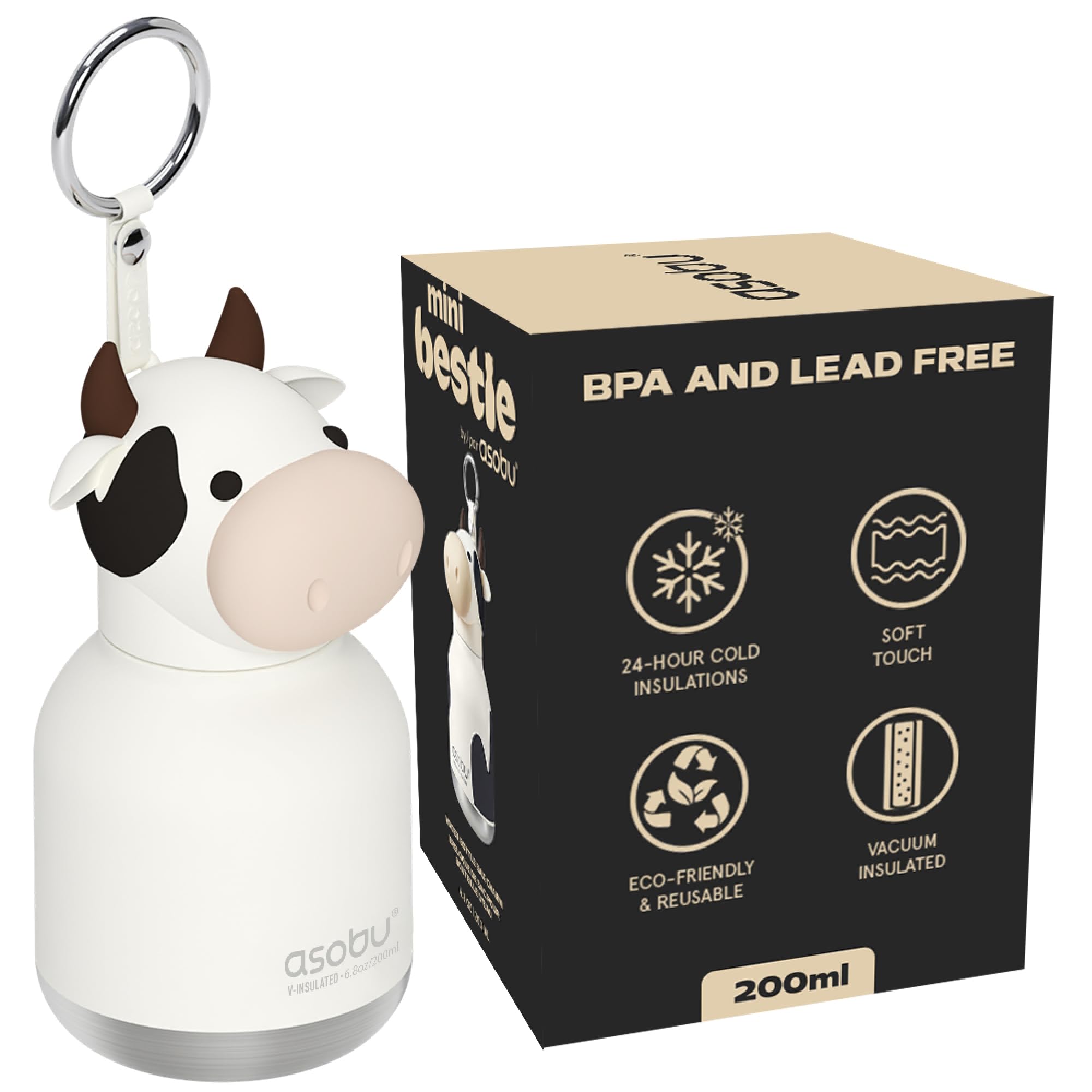 Mini Bestie Kids Water Bottle Cute Collectible Character for Girls & Boys Leakproof Stainless Steel, 6.7oz, BPA-Free with Strap & Clip Insulated Bottle for School, Travel & Gifting