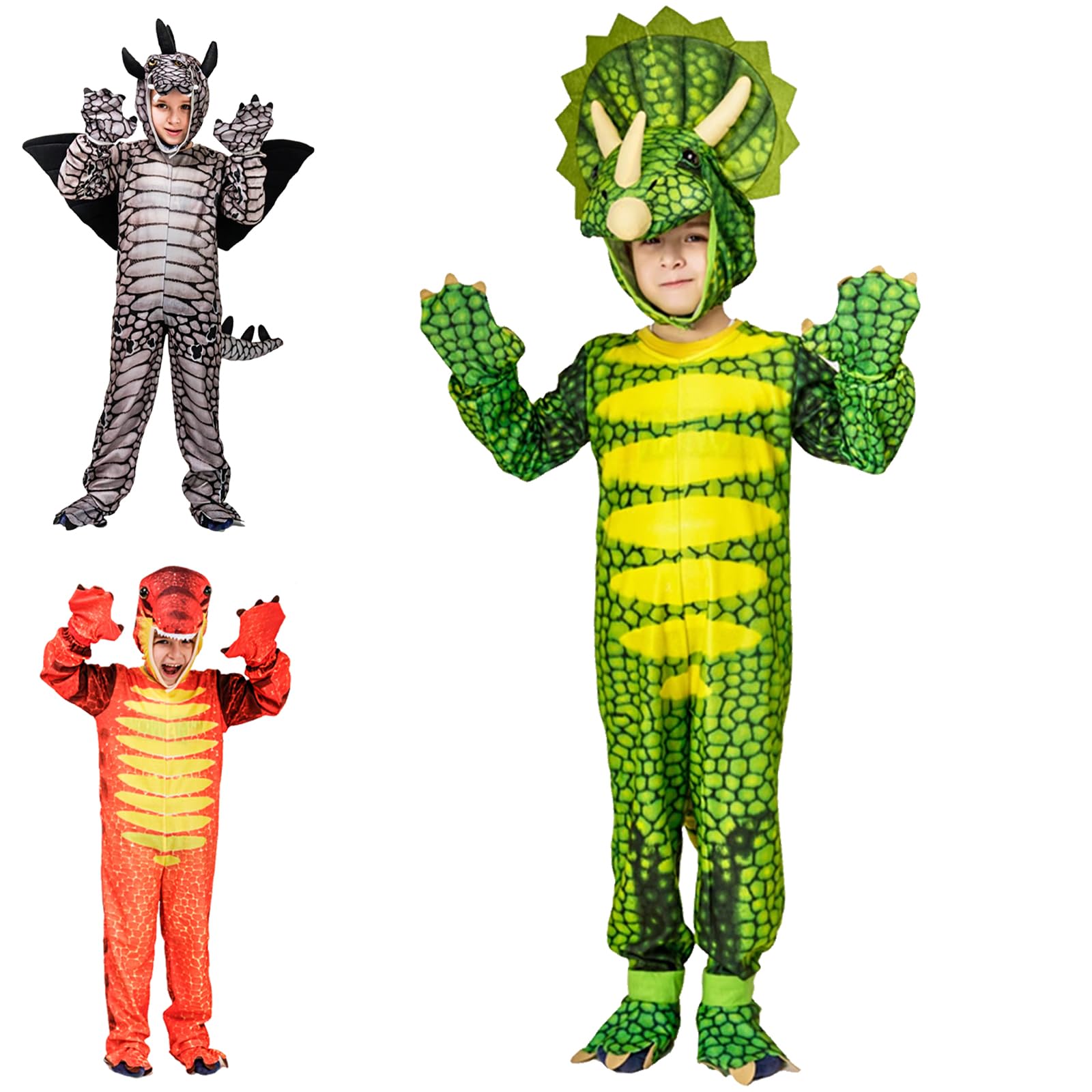 XIEXIESHER Disfraz Dinosaurio Niño, Jumpsuit con capucha y cola, Disfraz Dinosaurio Niño y Niña, Carnaval, Halloween, Navidad y Fiestas Costumes Dinosaurio Adecuado 4-6 Años