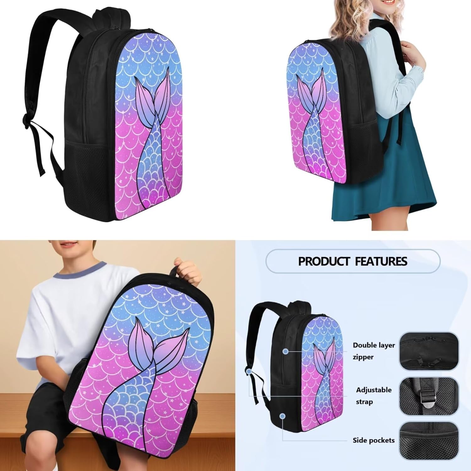 Mermaid Scale Backpack Set for Girls with Water Bottle Sling Reusable Lunch Bag Pencil Bag for School, Girls Schoolbag Bookbag Elementary Middle School Rucksack