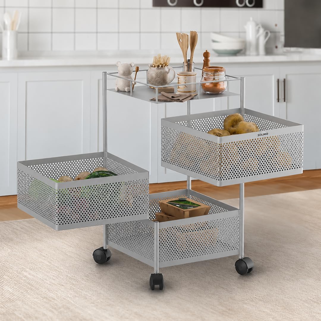 Amazon Brand - Solimo 360° Revolving 3 Layer Multipurpose Kitchen Trolley Rack with Wheels | Steel Square Organizer | for Fruit, Vegetable Storage | Preassembled | Matte Silver Finish | 31 x 61 cm-image-40