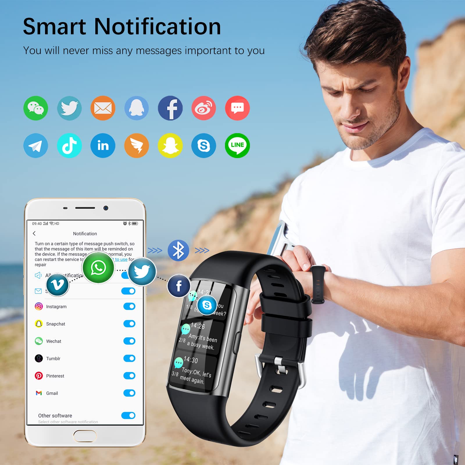Smartwatch da donna, uomo, 1,47", touch screen, con frequenza cardiaca, ossimetro, podometro, colorato, sonno, impermeabile IP68, per Android iOS (nero)