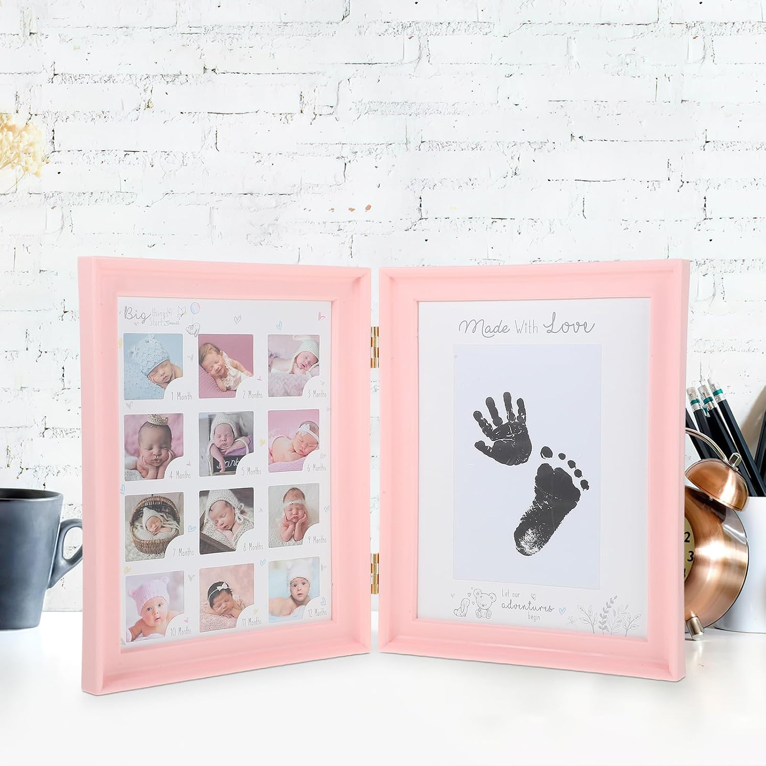 Growth Keepsake Frame with Hand and Footprint Kit, Newborn Photo Display for Infant’s First Year, Pink Desktop Memory Frame for Milestones and Birthday