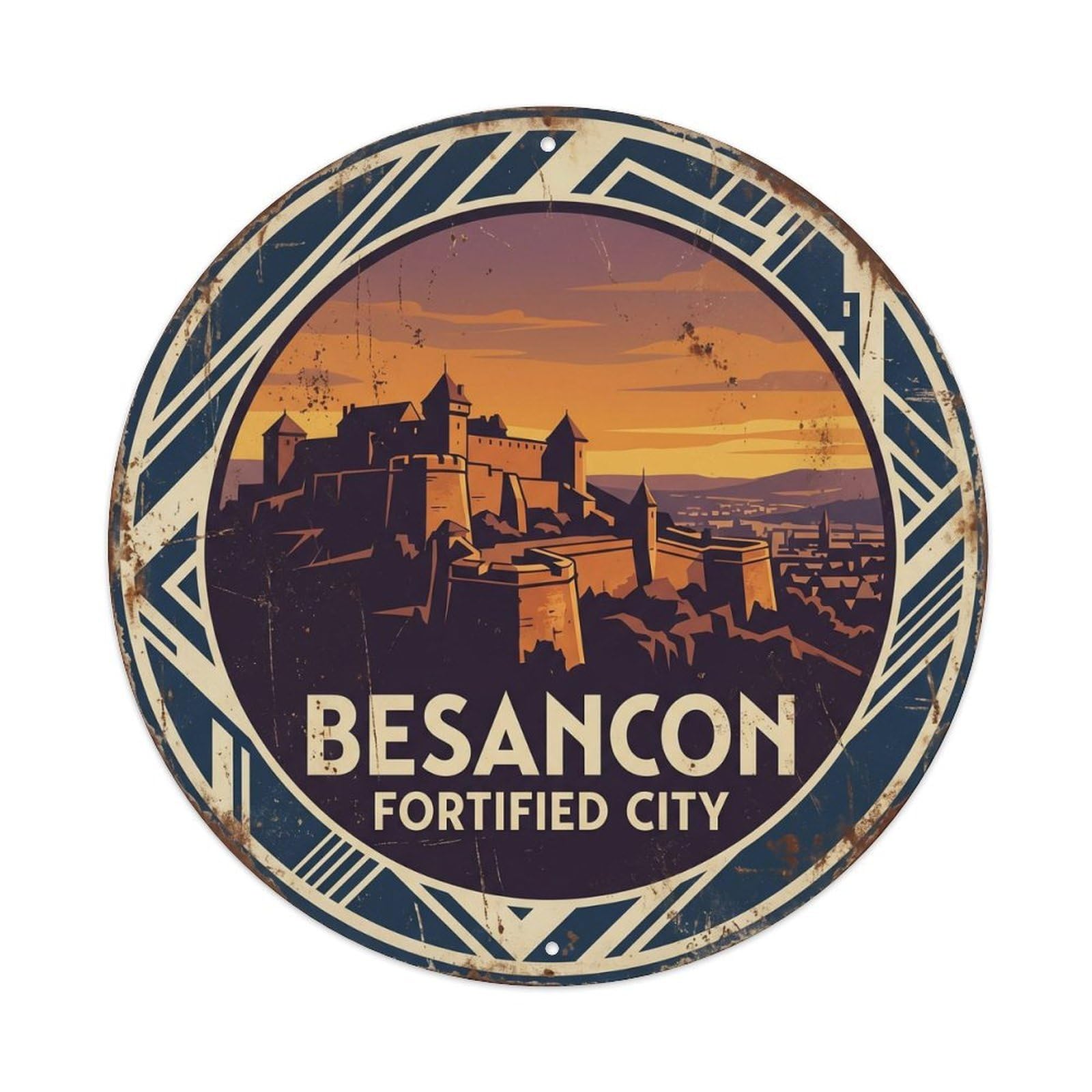 Vintage Travel Besancon France Citadel Metal Tin Sign Plaque Wall Decor for Cafe, Club, Garden Round Metal Poster 8x8Inch