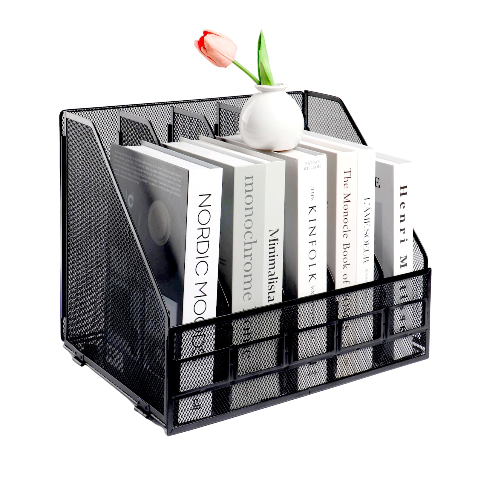 Hmxljjy Black Mesh Metal A4 Magazine File Holder, Desktop 5 Sections Document Holder Office File Storage Rack For Desk Tidy, Paper Organiser Filing Rack,5 Compartments,(Black)