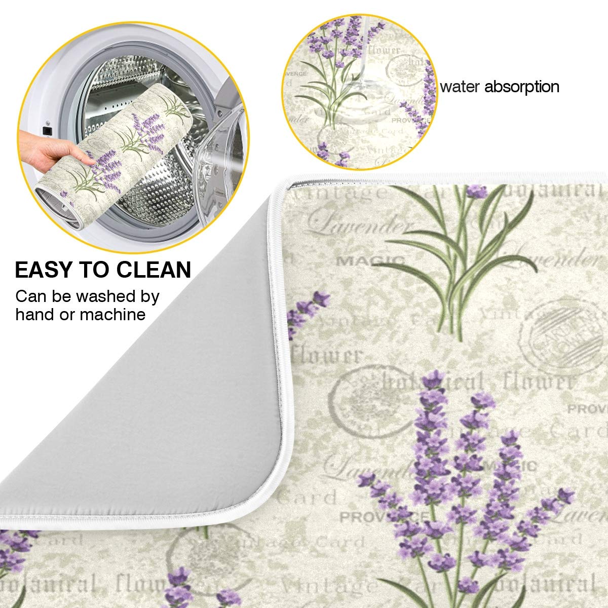 Lavender Dish Drying Mat 16x18 inch Flowers Stall Floral Grunge Herbs Leaves Purple Dish Drainer Kitchen Counter Mats Bottles Dish Dry Pad Protector for Kitchen Countertops