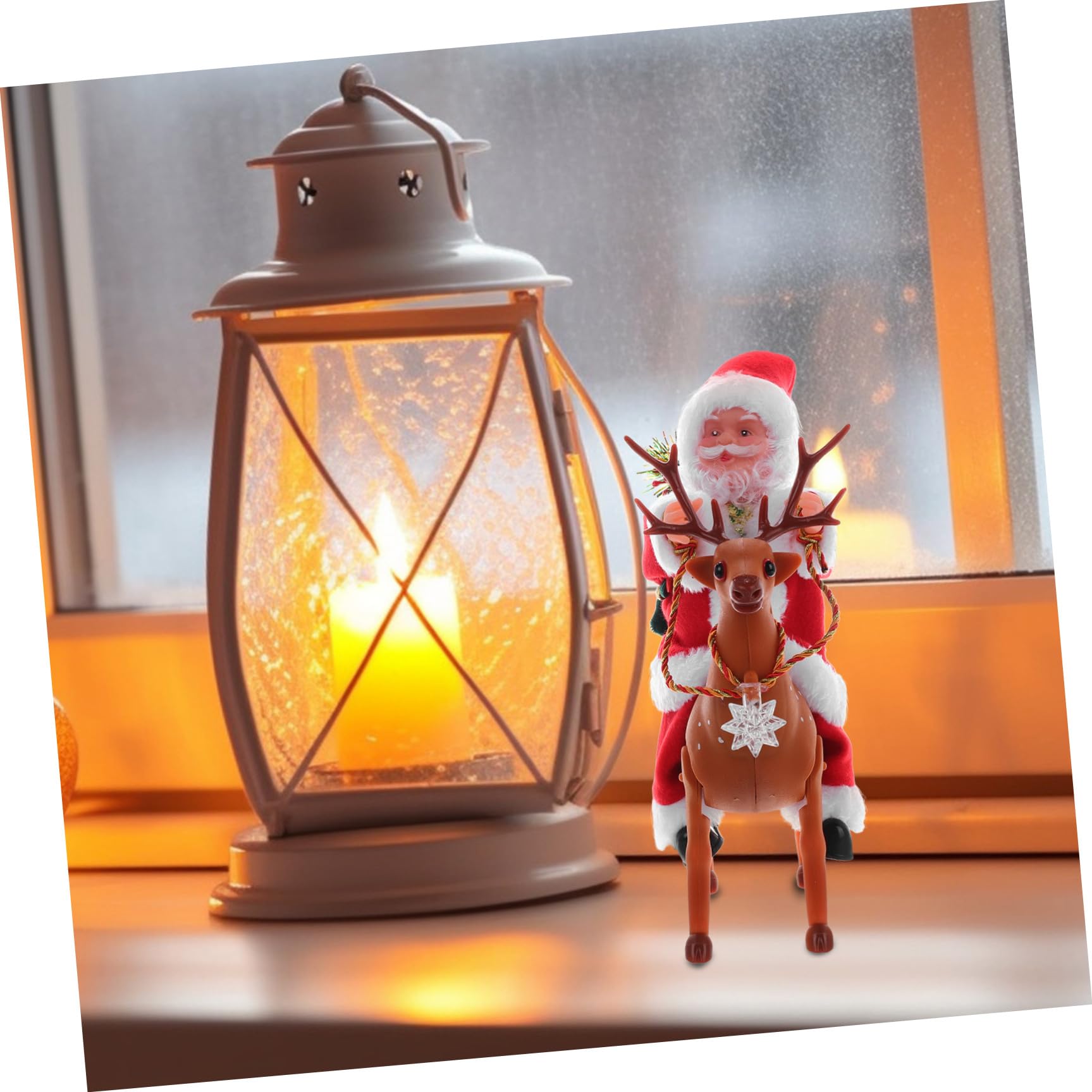 Giocattolo di Natale Babbo Natale che Cavalca Renna Funzione Musicale in Plastica Elegante Alimentato a Batteria Decorazione Natalizia