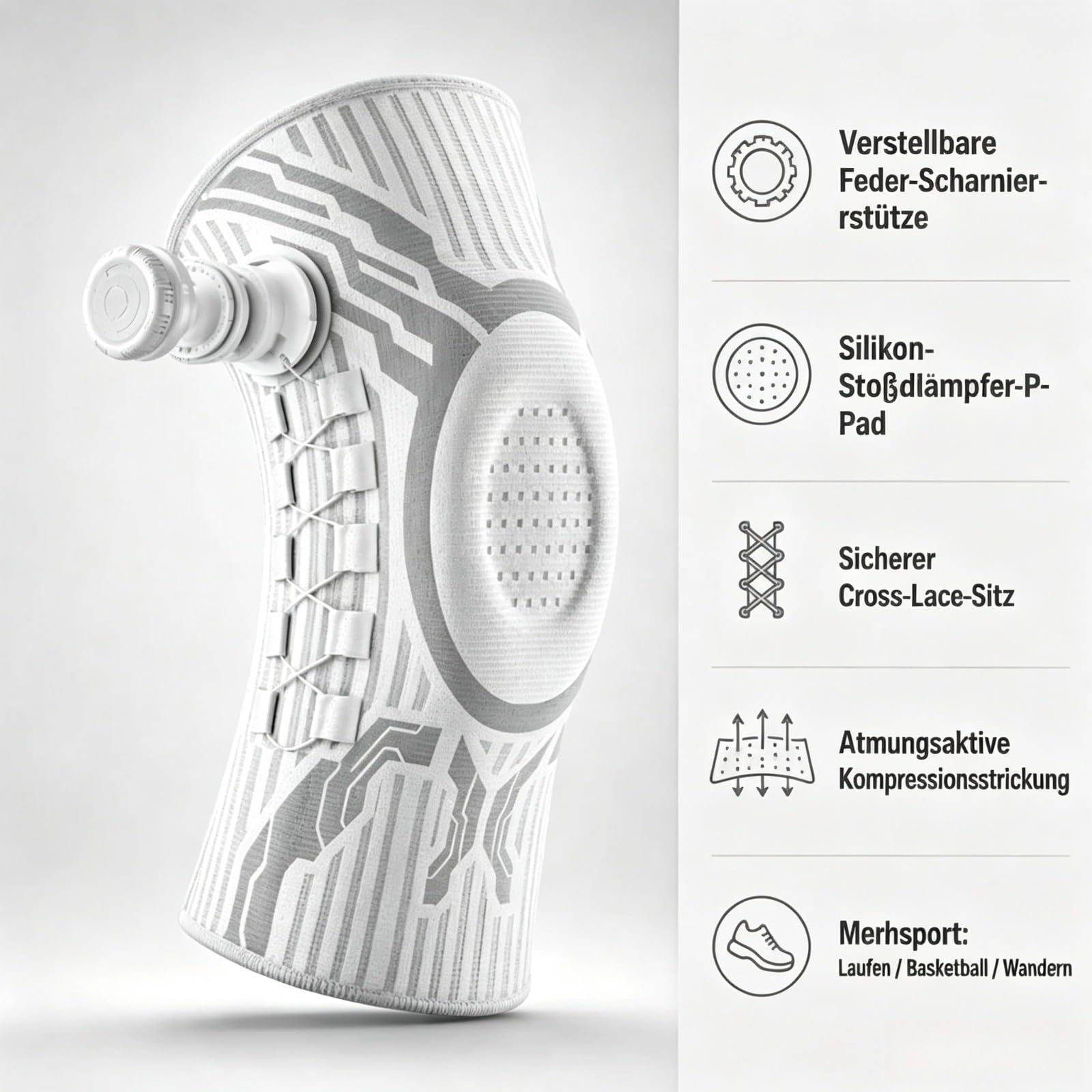 Gymfitting Knauf-Kniebandage Zur Schmerzlinderung, Verstellbar Mit Drehknopf Für Sport Und Alltag (Weiß-rechts,L)