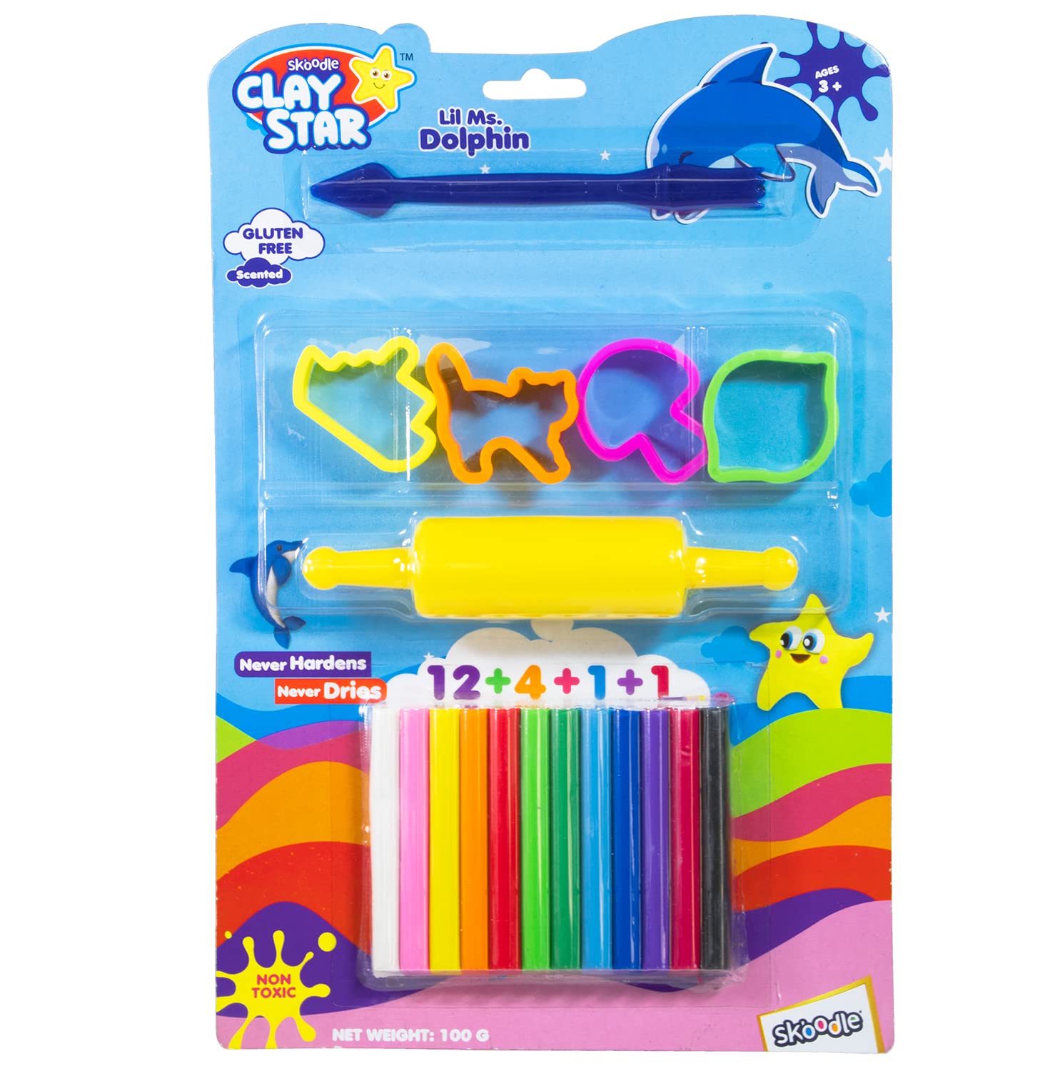 Skoodle Clay Star Scented Clay Pack, 12 Multicolor Clay Sticks + 4 Moulds + 1 Roller + 1 Tool, for 3+ Years, Non-Toxic, Lil Mr. Dolphin, Gift for Kids