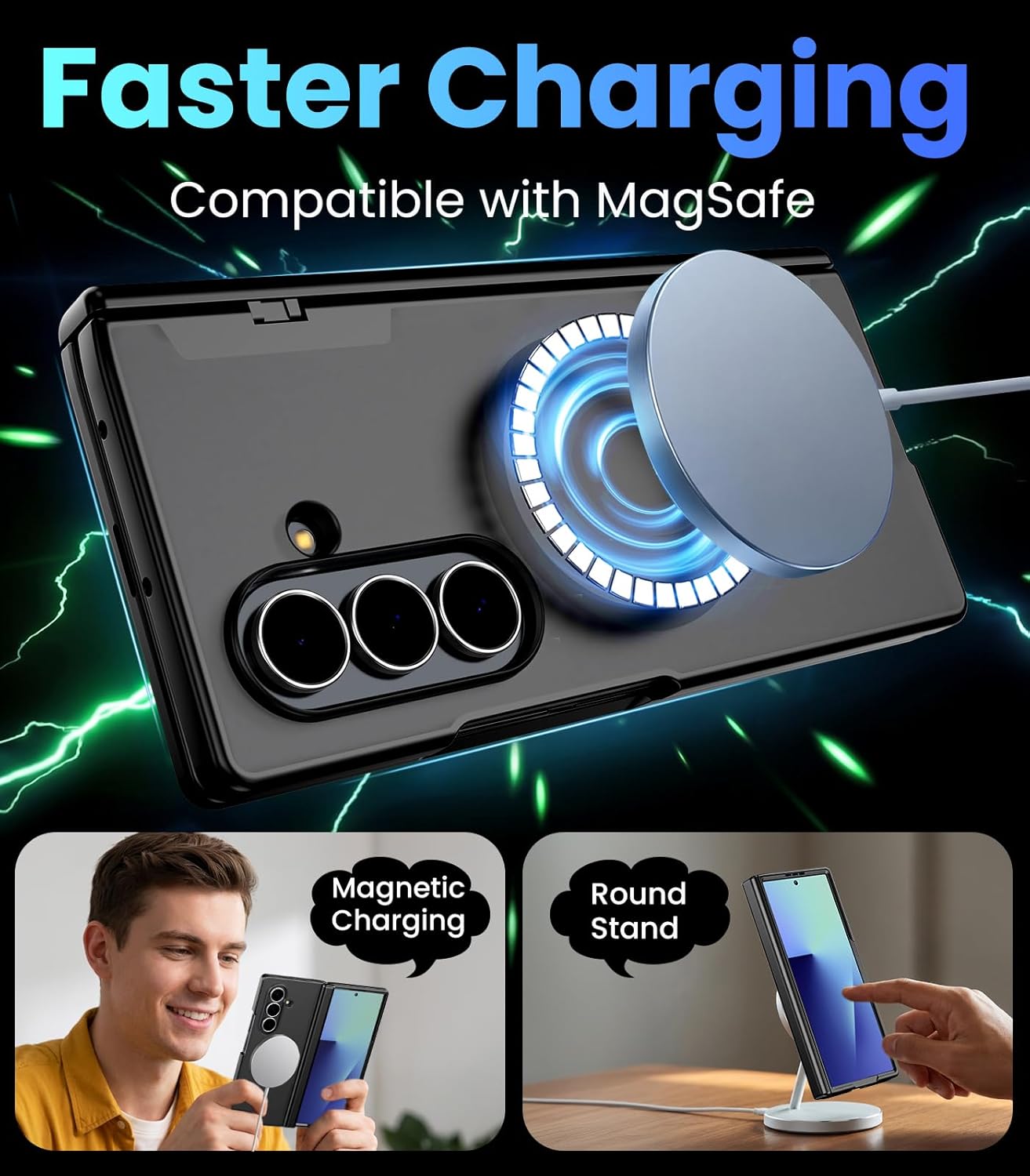 Magnetic Case for Samsung Galaxy Z Fold 7, Hinge Protection Shockproof Full Body Case with HD & Privacy Screen Protectors, Compatible with MagSafe, Translucent Matte Black, 2 Front Frames
