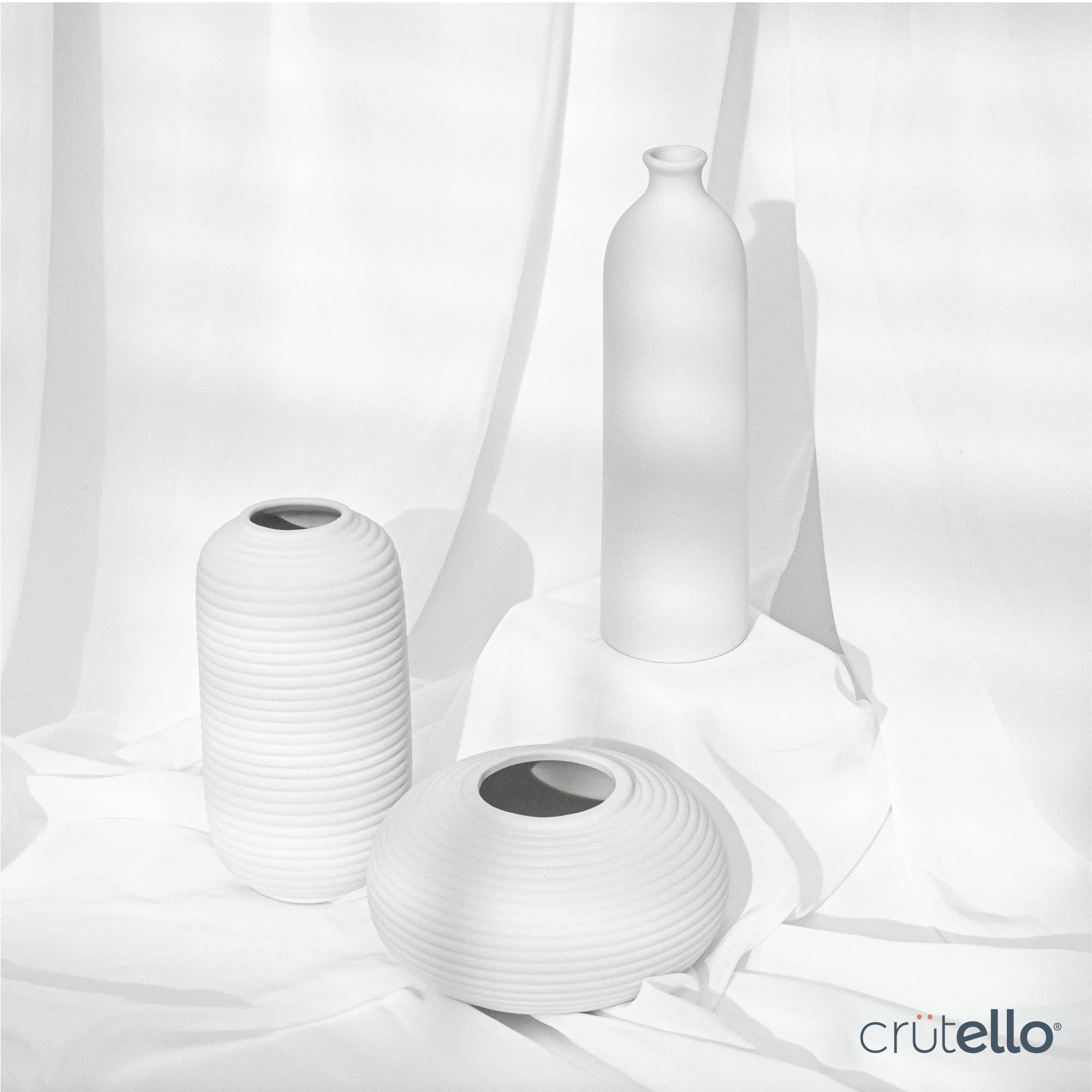 Crutello Keramikvasen-Set – Set mit 3 kleinen weißen Vasen – perfekt für Wohnzimmer, Küche, Bücherregal oder Eingangsdekoration