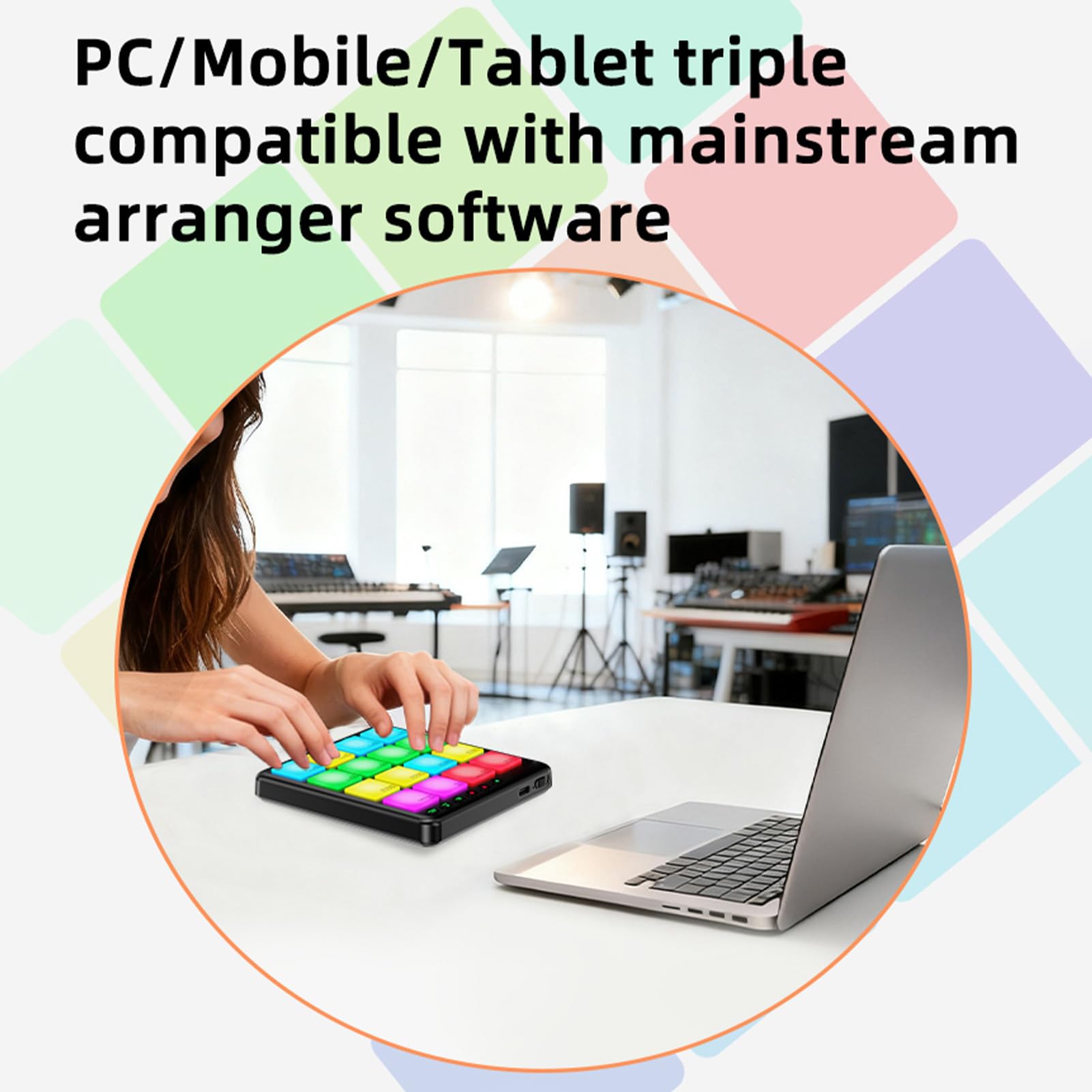Btuty Dynamischer RGB-Pad-BT-MIDI-Controller mit 16 Tasten, Wiederaufladbar, Tragbar, Musikproduktion, Performance-Szene (Schwarz)